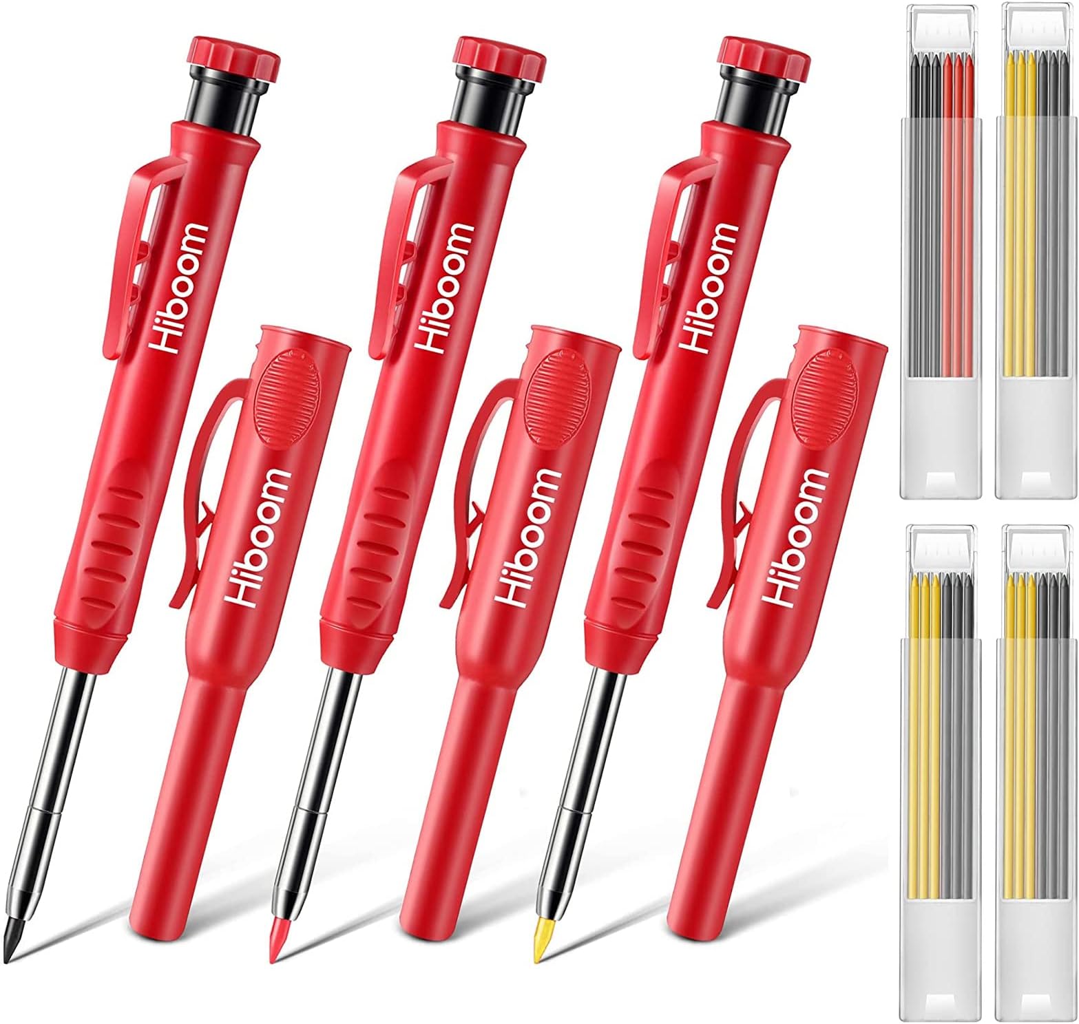 3 Pack Carpenter Pencils Set with 24 Refills, 2.8 mm Carpenters Mechanical Pencil Built in Sharpener Woodworking Marking Tool Solid Long Nosed Deep Hole Construction Pencil