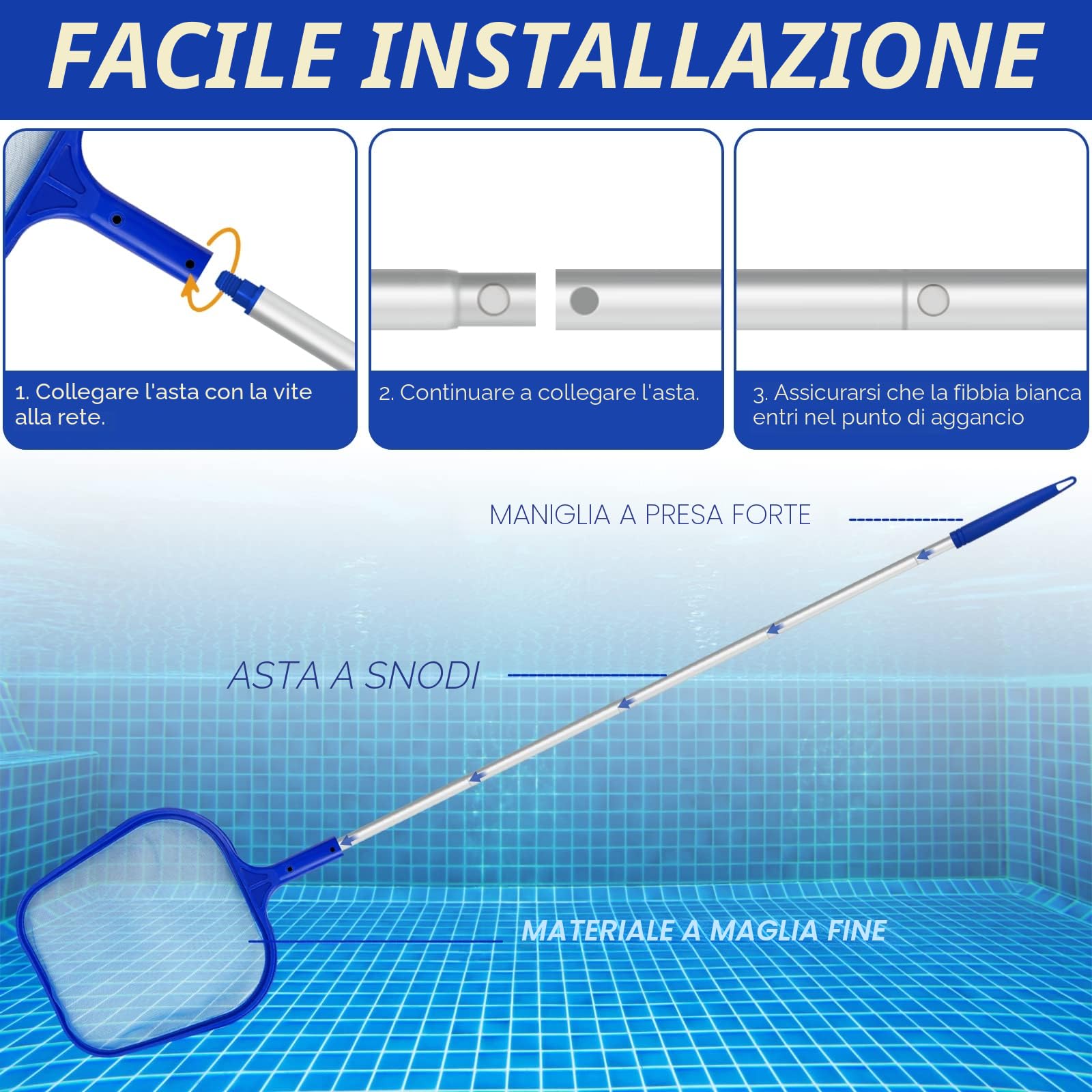 Retino Piscina, Rete a Maglia Fine dello Skimmer per Foglie con Asta Telescopica per Pulizia, Spa, Stagni