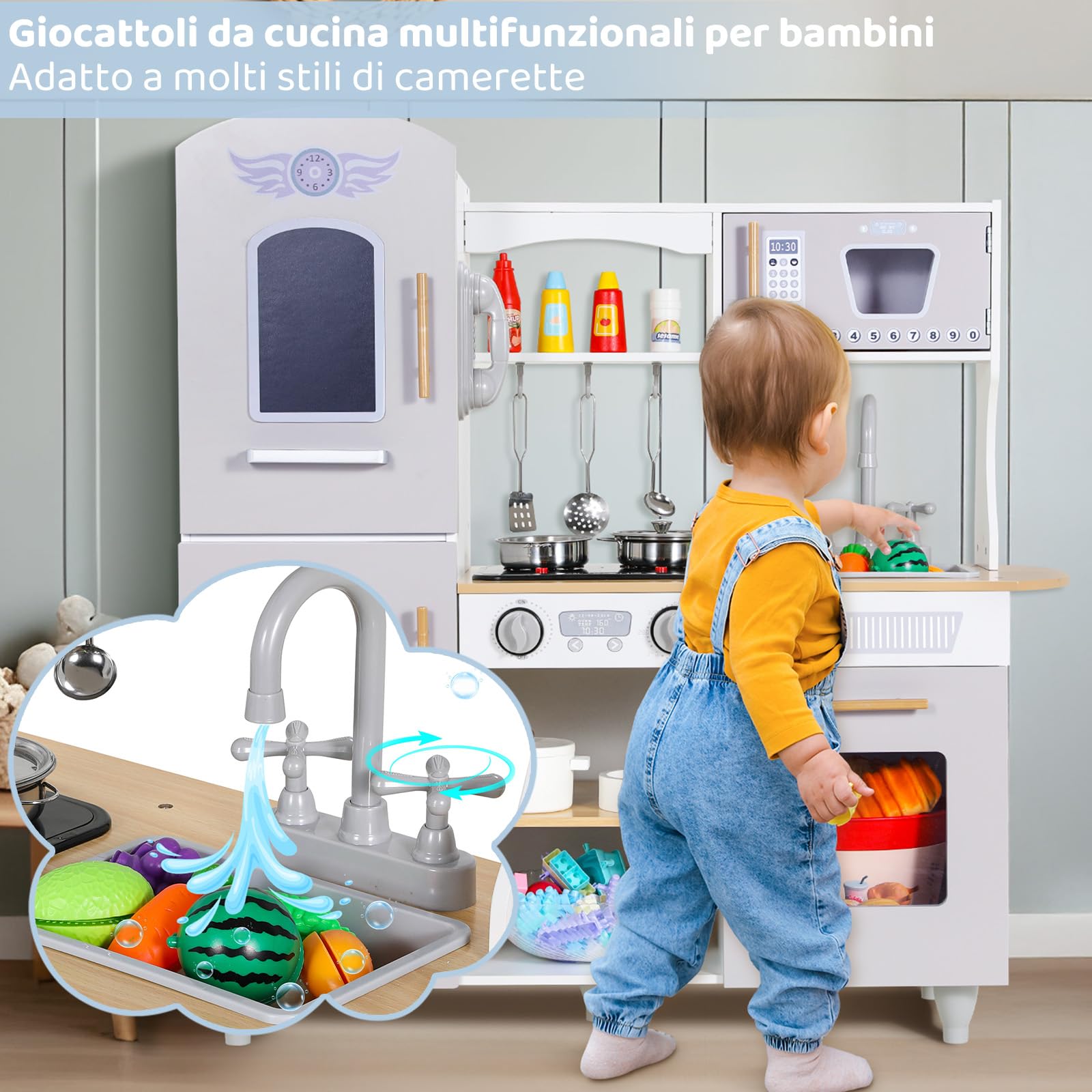 MAMIZO Cucina Bambini Legno, con Pentole e padelle, Telefono, Lavello, Fornelli, Macchina del Ghiaccio, Cucina Giocattolo per Bambini con Luci e Suoni, 79x82x30 cm, Grigio