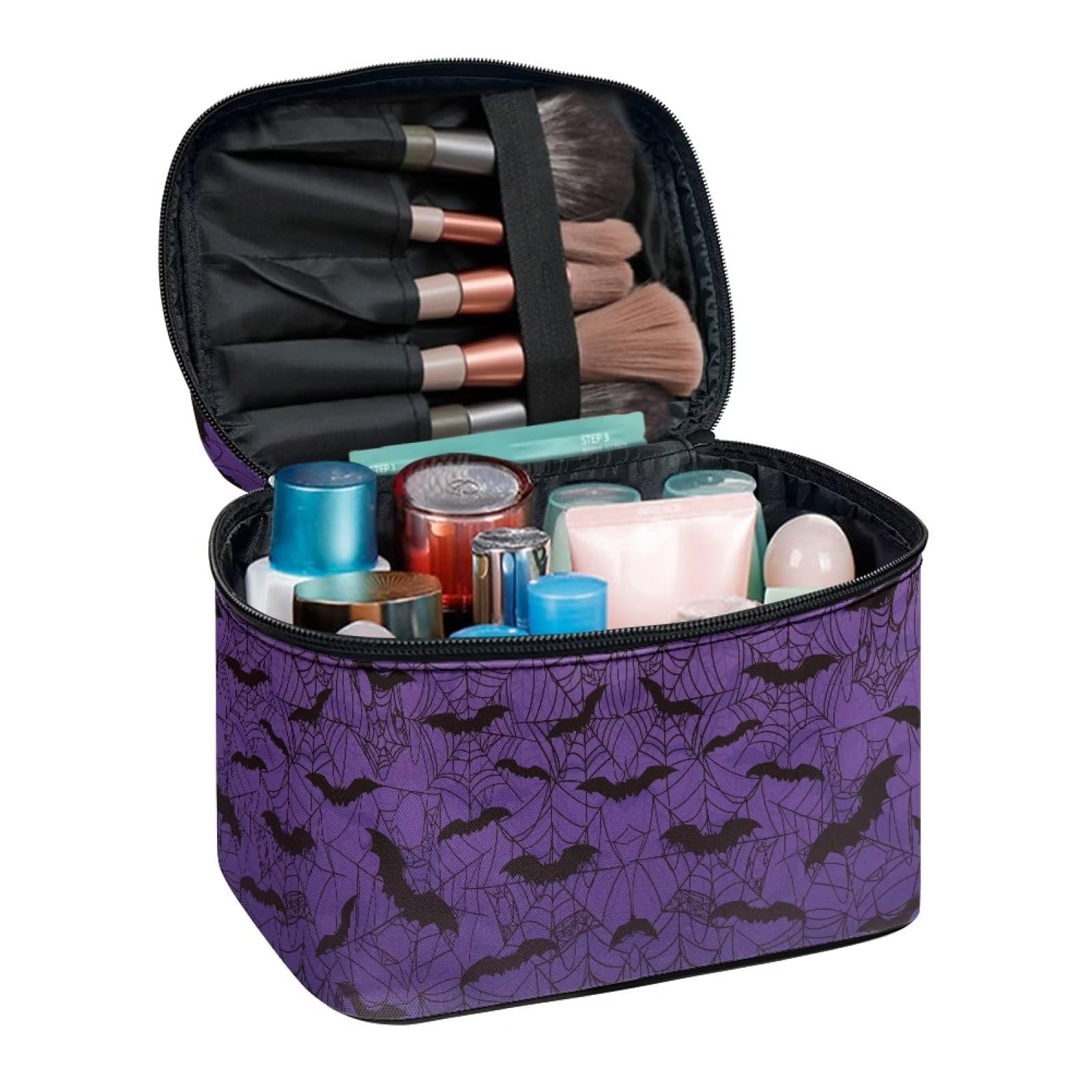 Drydeepin Gothic Halloween Purple Spider Web Bag Bats Print Makeup Bag Travel Cosmetic Bag with Zipper and Handle Portable Large Capacity Toiletry Case for Women Ladies Travel Accessories