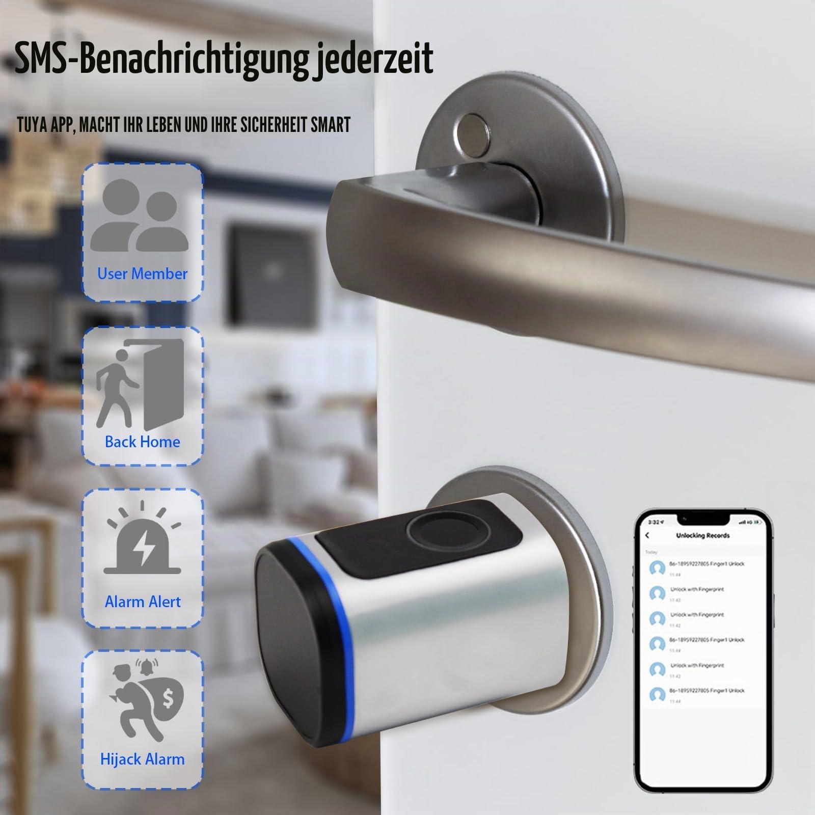 Türschloss Fingerabdruck, Smart Türschloss mit Fingerabdruck, Fingerabdruck-IC-Karte, Schlüssel, App, Haushalt, intelligente elektronische Schlösser, für 35-60mm Tür, Einfache Installation