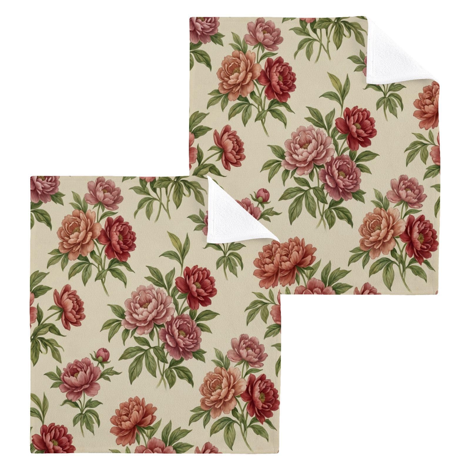 BOESI Vintage Peony Bloom 12x12in Cotton Washcloth,Face Towel