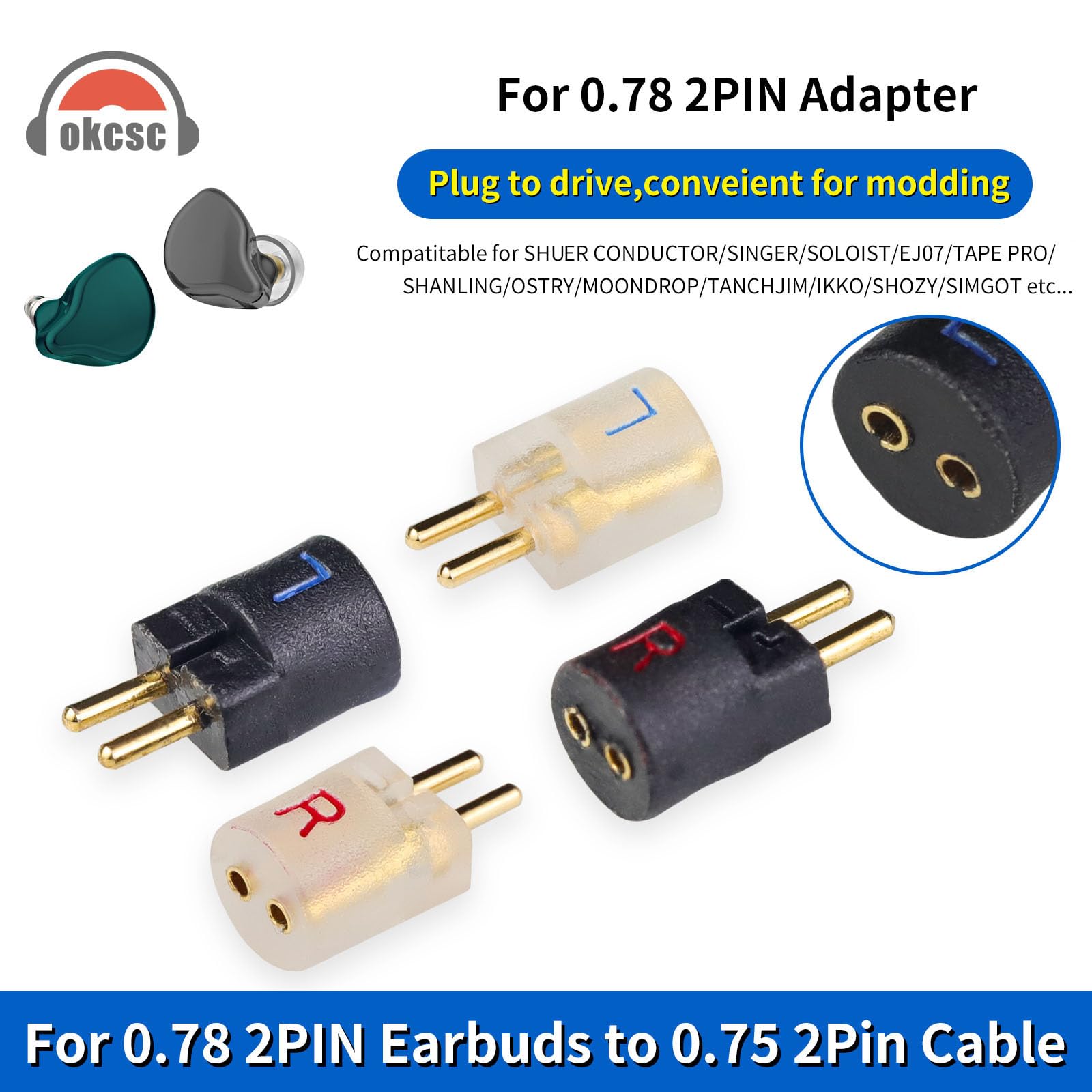 okcsc 0.78 to 0.75 2 PIN Male Adaptor Work for 0.78 2PIN Earbuds to 0.75 2Pin Cable Connected with for SHUER CONDUCTOR/SINGER/SOLOIST/EJ07/TAPE PRO Black - Image 2