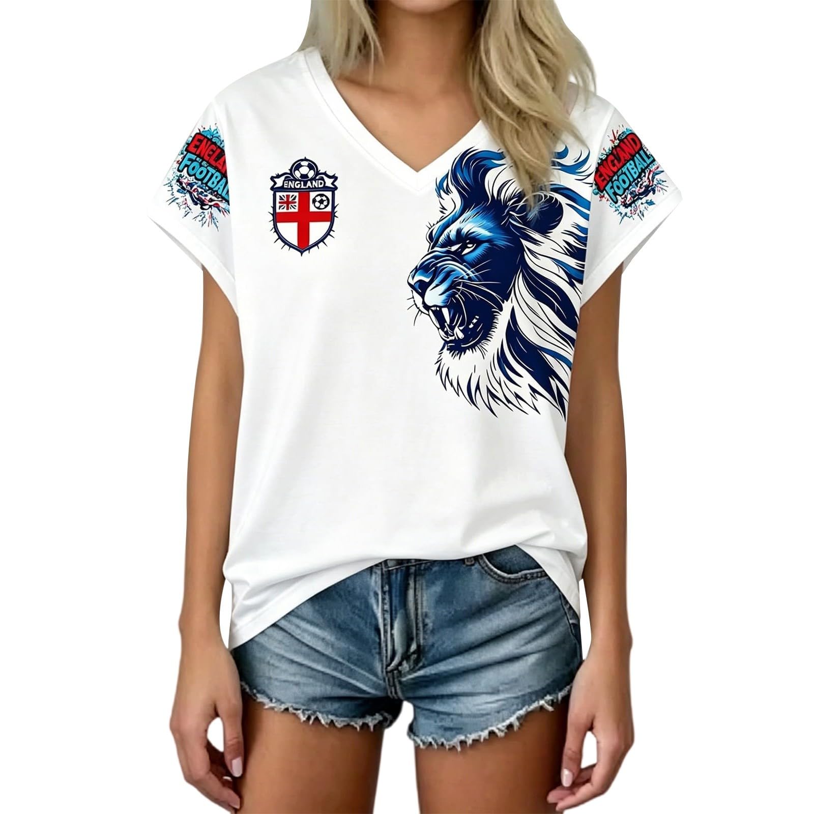 HOOUDO England Football Shirt 2026 Short Sleeve Jersey Retro Graphic Printed V Neck Training Tops Breathable Lightweight Ladies Soccer T-Shirt Athletic Shirts — image 1