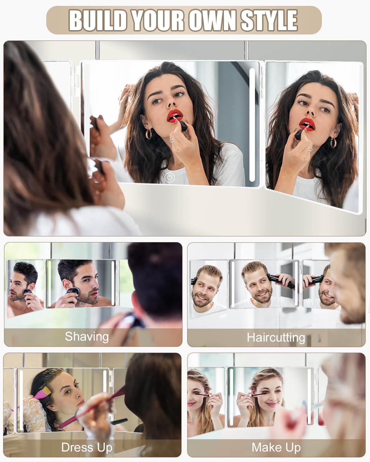 Miroir 360° Avec Lumières LED, Self Cut Mirror 3 Faces Rechargeable Voir Larriere De La Tete 3020cm3 Pour La Coupe De C Miroirs De