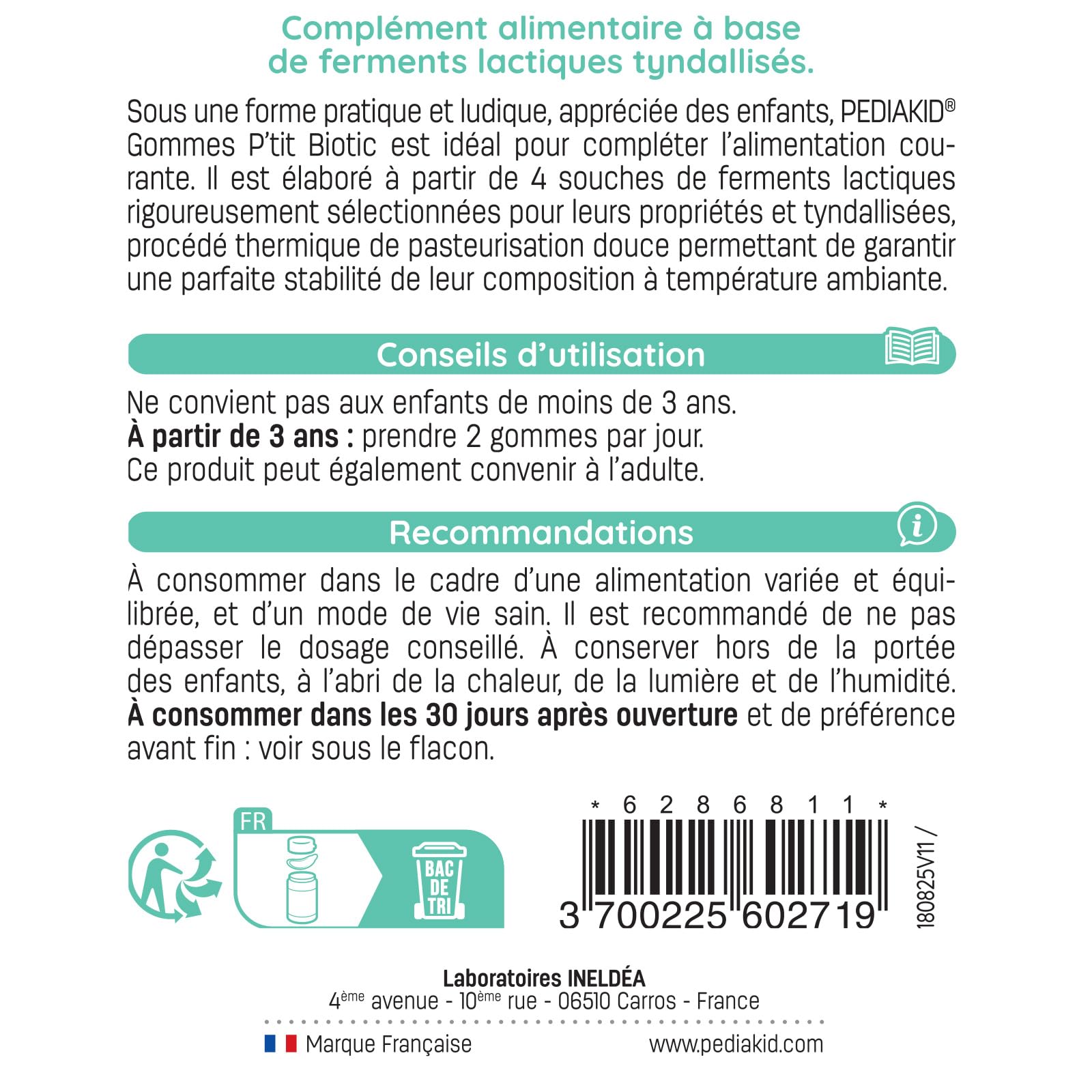 PEDIAKID - Gommes P'tit Biotic - Formule Naturelle au Délicieux Arôme de Pomme - Contribue à Enrichir la Flore Intestinale - Soutient les Défenses de l'Organisme - Lot de 3 piluliers