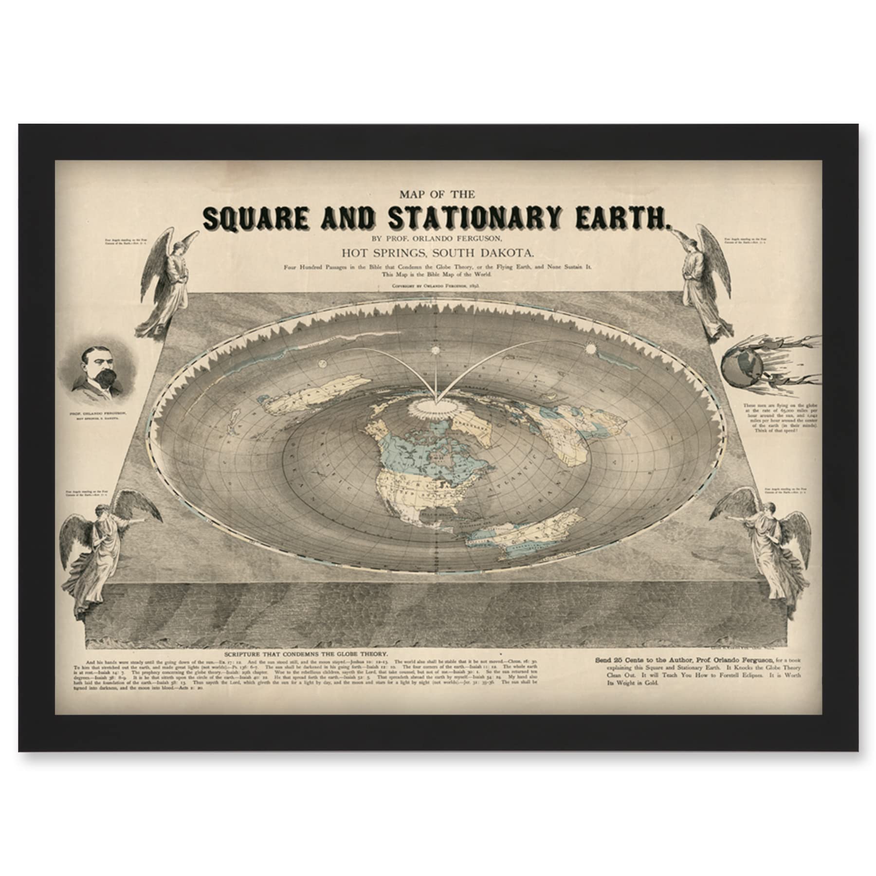 Artery8 Orlando Ferguson Vintage Map of the Square and Stationary Earth Flat Earth Artwork Framed Wall Art Print A4