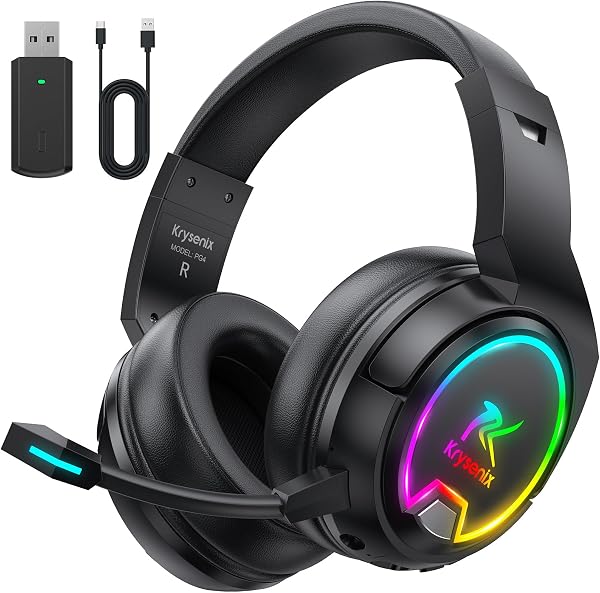 Krysenix PG4 Gaming Headset Wireless für PS4, PS5, PC, Mac, Switch, 48H 2.4GHz Gaming Headset mit Noise Cancelling Mikrofon, Kabelloses Bluetooth Headset mit LED-Lichtern, Surround Sound, Rußschwarz - 1