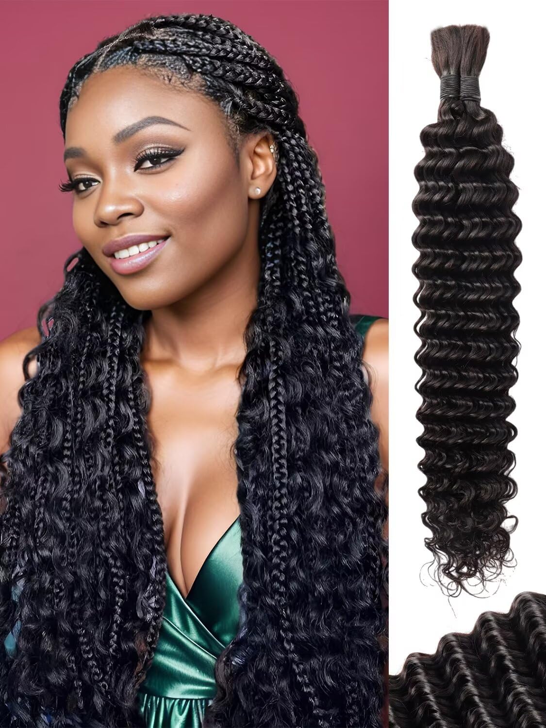 Human Braiding Hair 100g 26 Inch Deep Water Wave Bulk Human Hair for Braiding No Weft 12A Brazilian Virgin Curly Human Hair Extensions for Boho Braids Wet and Wavy Natural Human Hair Braiding Hair