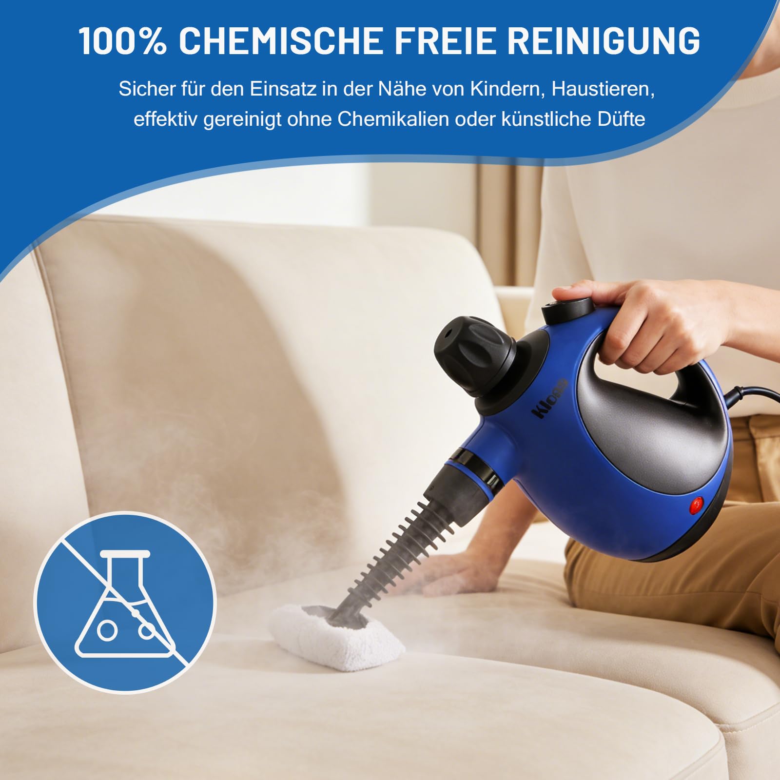 KLONA Dampfreiniger Handgerät, Steam Cleaner mit 10 Zubehör | für Teppiche, Fliesen, Sofas, Bad, Küche | Schmutz Bakterien Fett | 3 Min Schnellheizung | Dampfdruck: 3.2 bar | chemiefrei