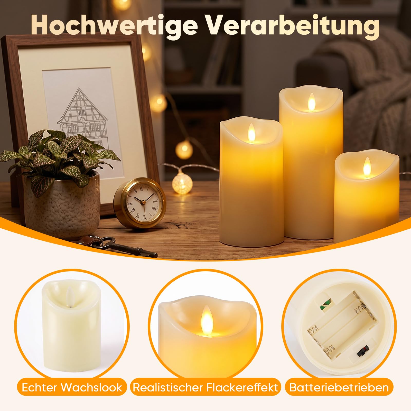 SALCAR Zestaw 3 świec LED, bezpłomieniowe świece LED, ciepłe światło z baterią, migoczące światło LED, 15 cm, 12,5 cm, wysokość 10 cm, dekoracyjne świece LED na kolację, urodziny, imprezę