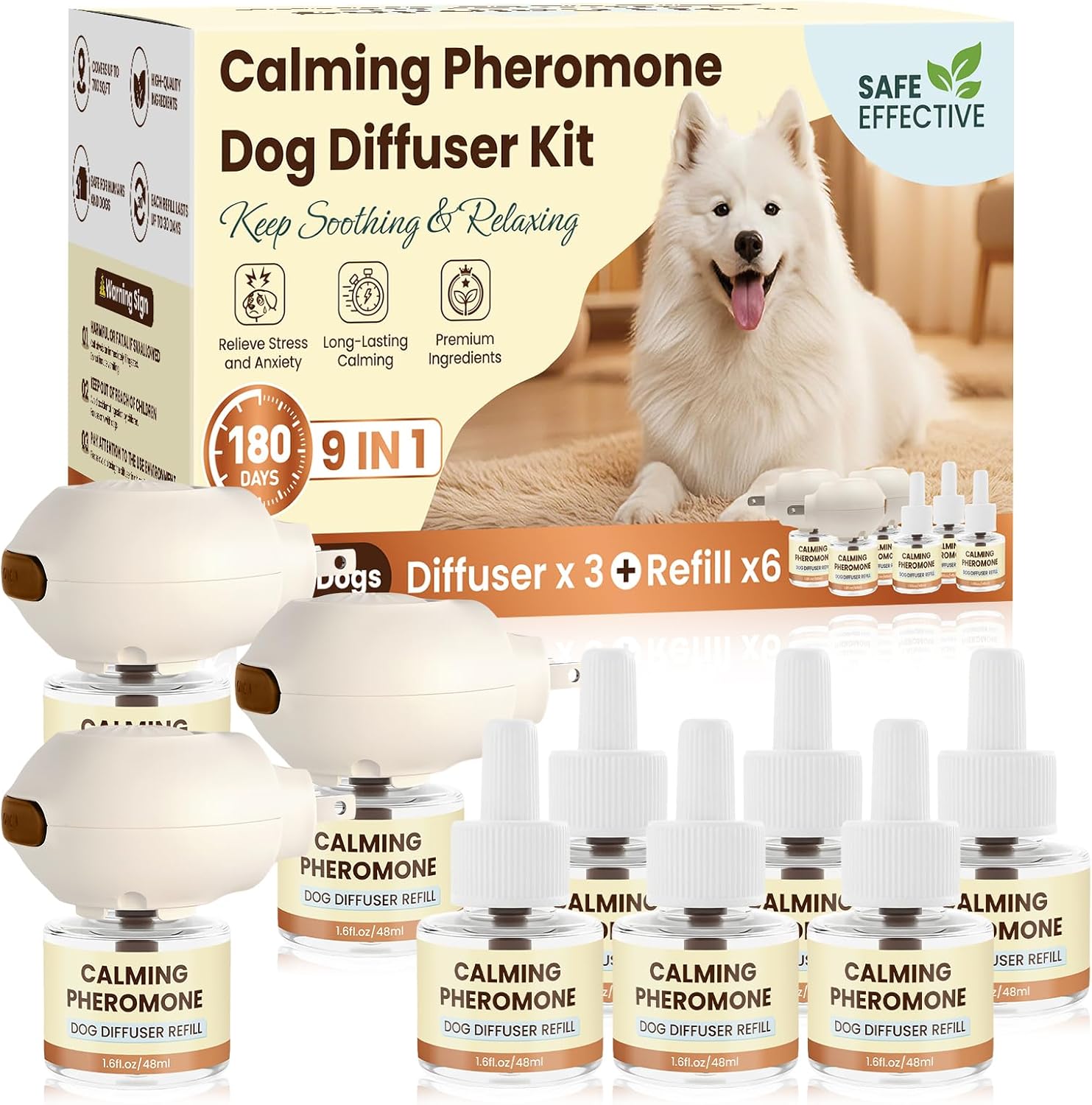 Dog Pheromones Calming Diffuser to Calm Dogs 9 IN 1 Kit (3 Diffusers+6 Refills) Pheromone Plug In for Stress Barking Pee Accidents Chewing Aggression Separation Anxiety Relief 180 Days(Odorless)