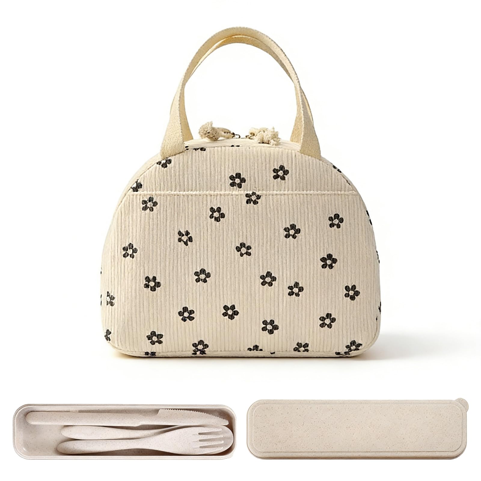Lobaake 5 Piece Beige Ladies Lunch Bag, Insulated Corduroy Tote