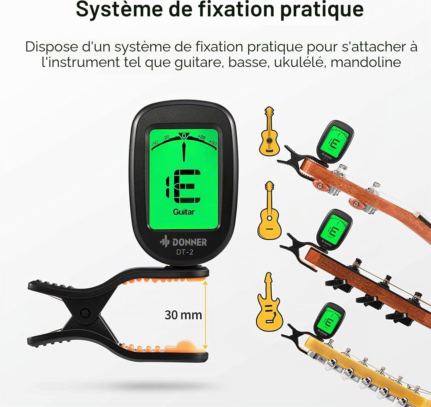 Donner Accordeur de Guitare Chromatique à Pince Tuner Portable pour Guitare, Basse, Violon, Ukulélé et Banjo, avec Ecran LCD 360° Rotation, Batterie Incluse (DT-2)