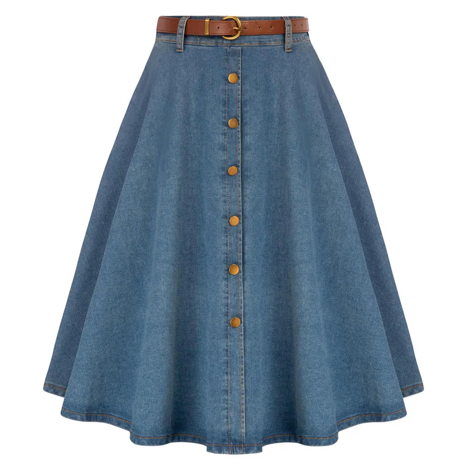 Gonna di Jeans con Cintura da Donna Gonna Longuette a Trapezio a Vita Alta Elasticizzata Gonna con Tasche Decorate con Bottoni da donna-4-M