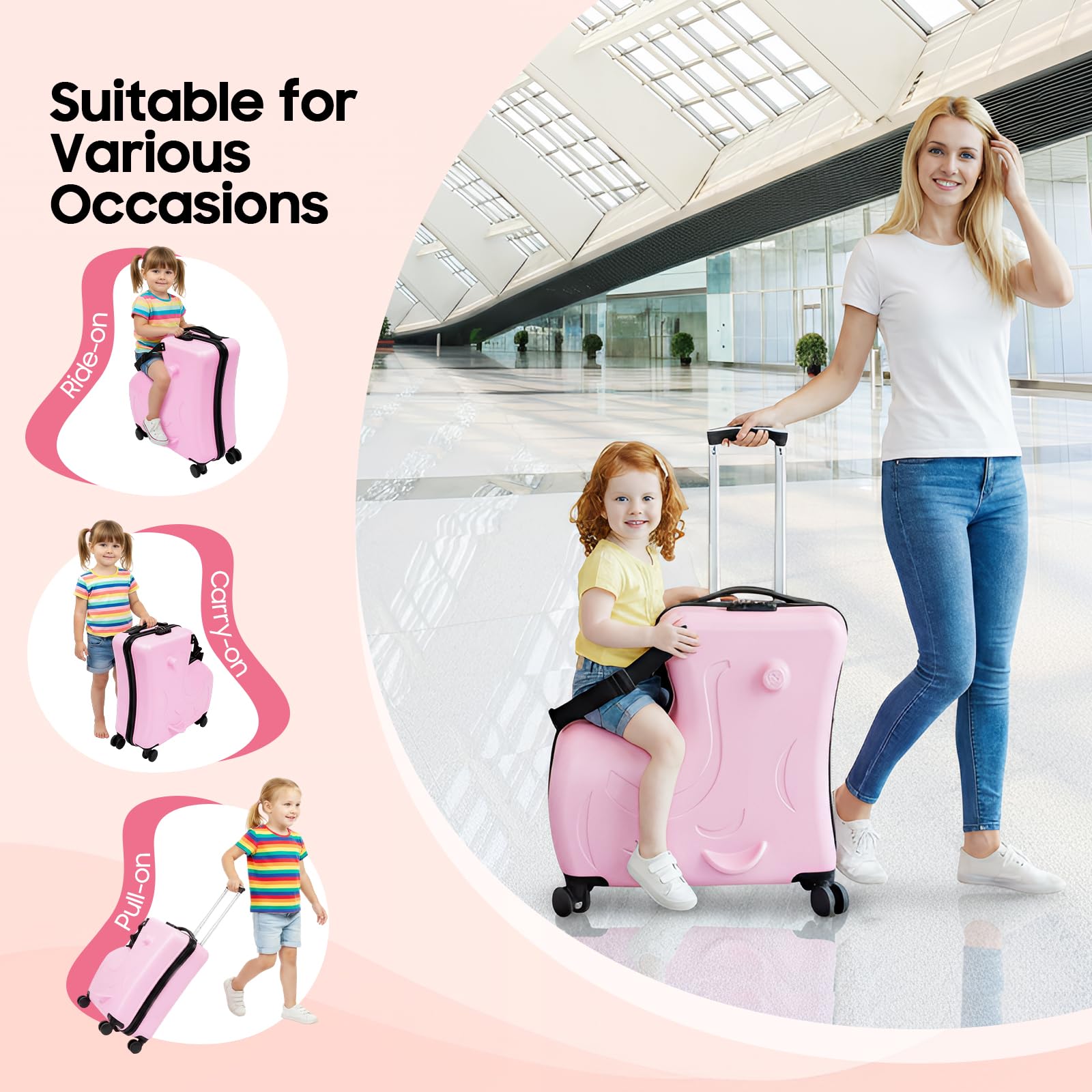 Kinder-Trolley mit Sitz 3–6 Jahre, 20L PC-Hartschale bis 30kg belastbar | Kindgerechte Haltegriffe, Fußablage, höhenverstellbarer Griff & Zahlenschloss