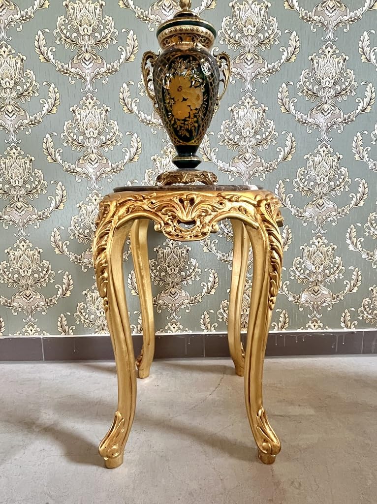 CasAmin Home & Living Tavolino rotondo in stile antico francese con piano in marmo marrone finitura oro per interni