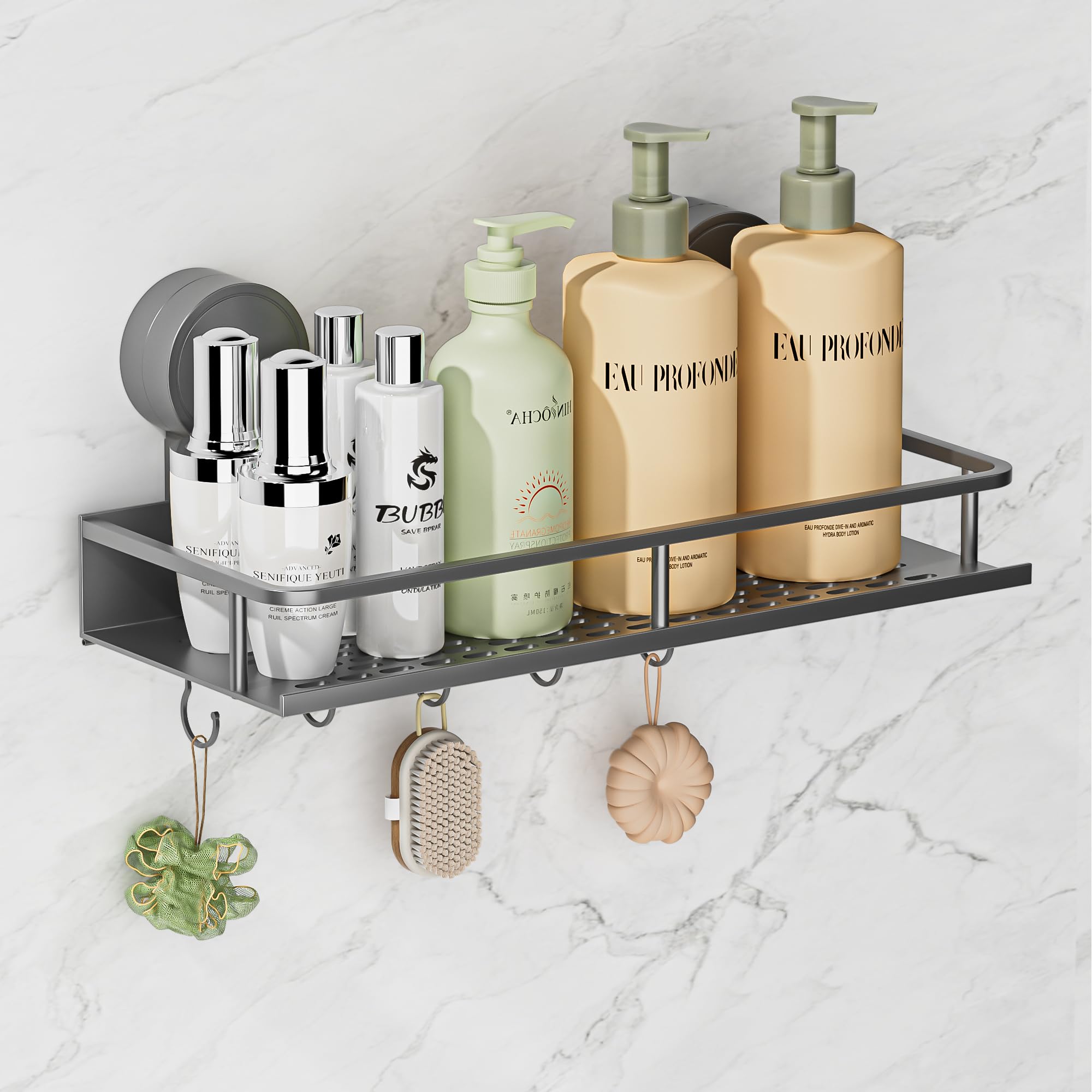 Wisfame Półka prysznicowa z przyssawką, bez wiercenia, duża pojemność, aluminiowy organizer łazienkowy z 5 haczykami, wodoszczelny/nierdzewny/trwały uchwyt na szampon, szary