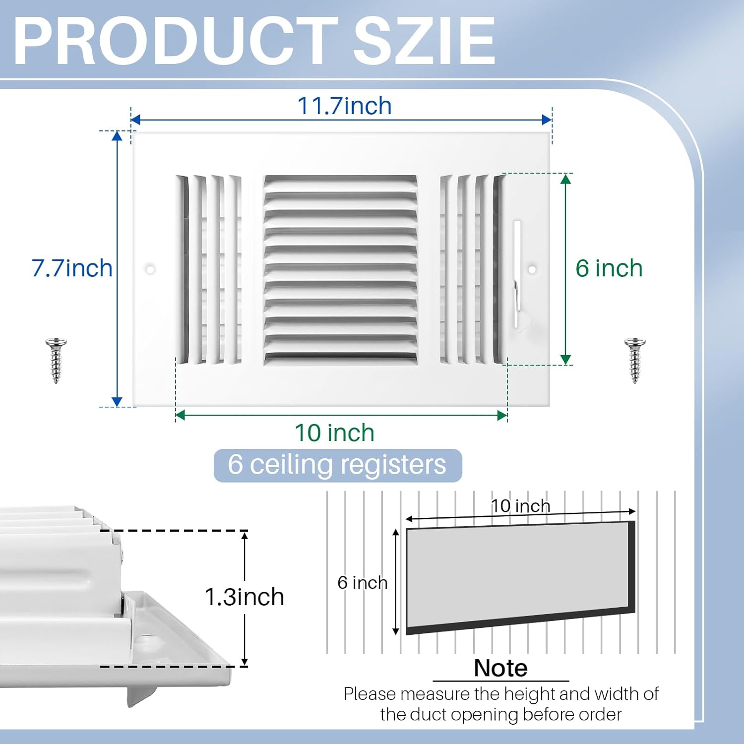 6 Pcs White 6 x 10 Inch Interior Size Air Ceiling Vent Covers 3 Way Sidewall Wall Ceiling Register Air Conditioner Vent Cover Solid Steel HVAC Accessories for Home, Bathroom, Office, Toilet 6 x 10 Inch White