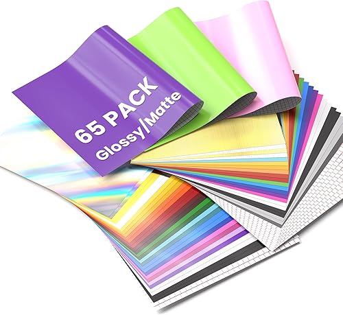 Paquete de hojas de vinilo permanente, 65 unidades, multicolor, 12 x 12 pulgadas, vinilo adhesivo impermeable para Cricut, todas las máquinas de