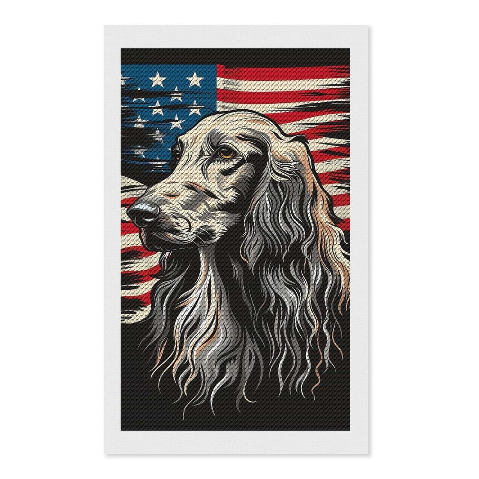 Junmoney Afghan Hound American Flag Round Drill Diamond Painting 12"x20", Satisfying Creative Project, Complete Accessories, Printed Canvas