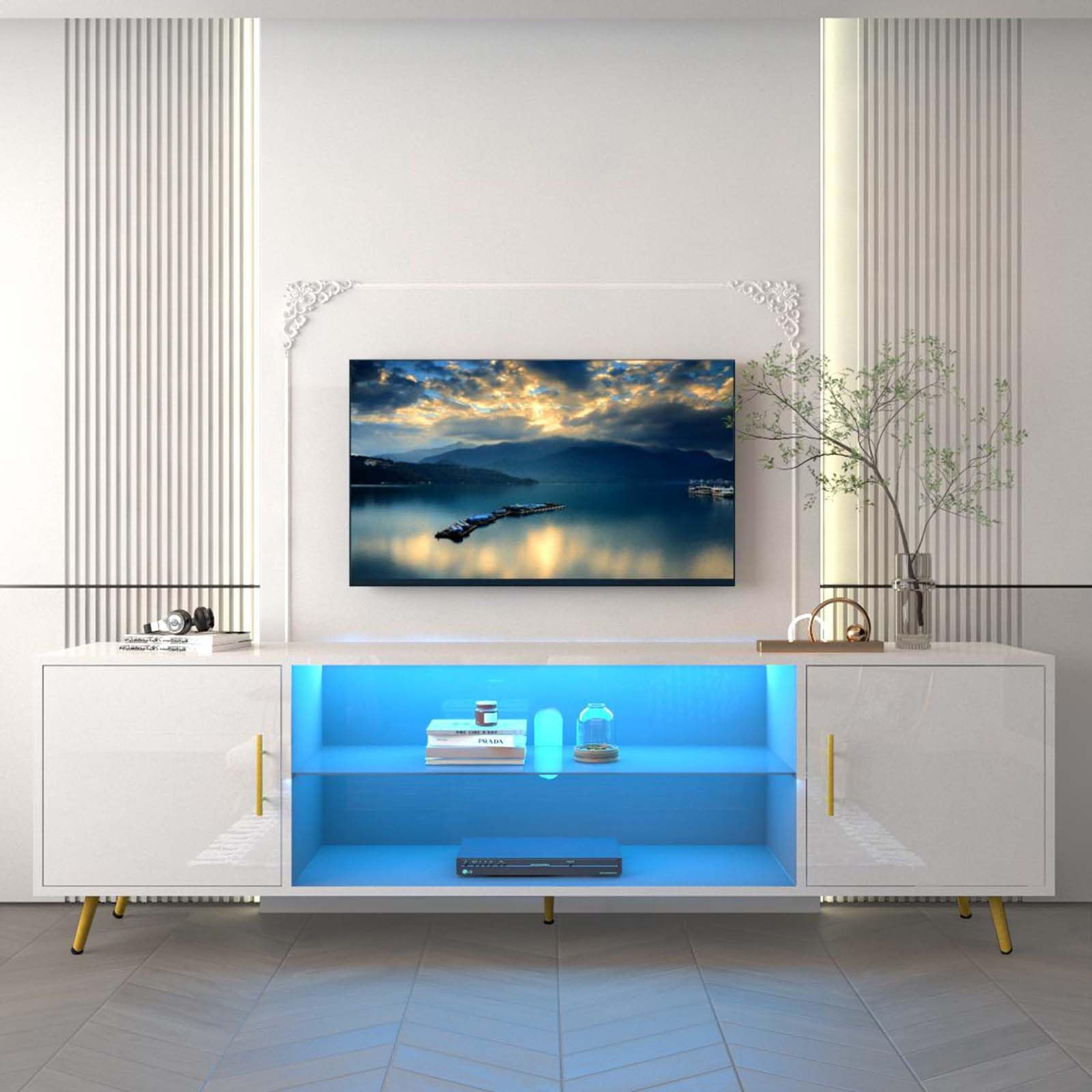 DalyLuxa 70 Inch LED TV Stand for 75/80 Inch TV, Modern High Gloss Media Console with Drawer and Led Lights, Television Table Entertainment Center for Living Game Room Bedroom, White