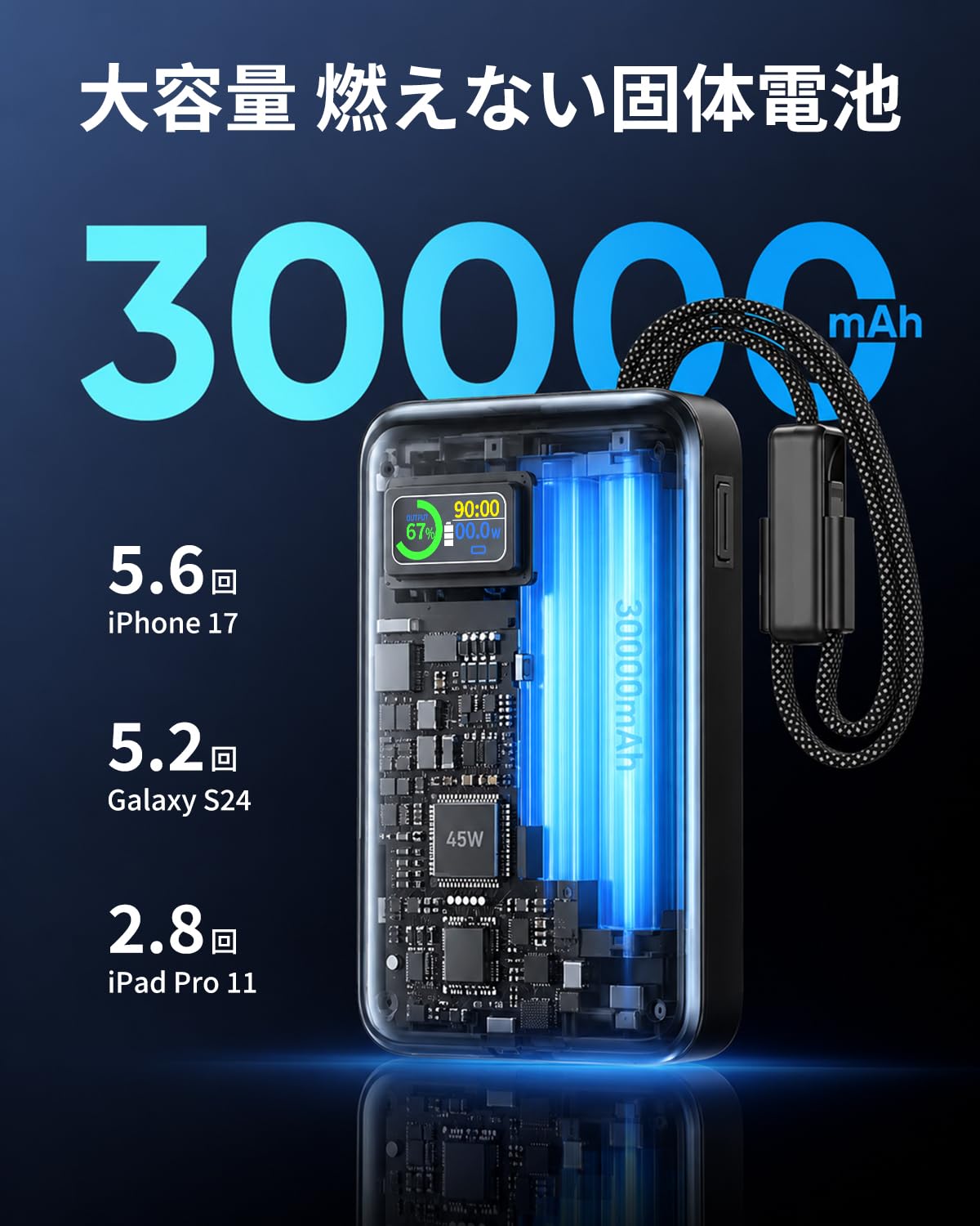 Amazon | 30000mAh 大容量 固体電池 モバイルバッテリー 45W 急速充電