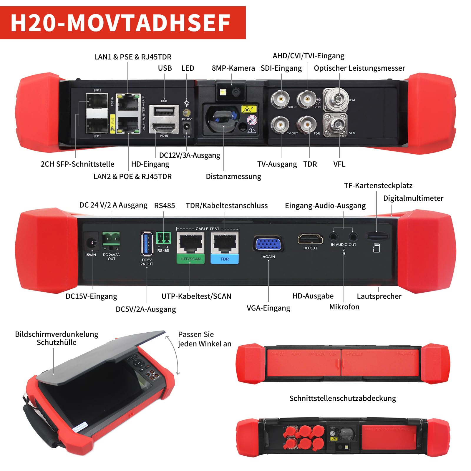 Henkion IPC CCTV Tester H20-MOVTADHSEF 8K 32MP 12MP Telecamera IP Test POE++ Max 90W HD Tester fotocamera 8MP TVI/CVI/AHD/SDI/CVBS DMM TDR WiFi Network Tools RJ45 Cavo Tester 2CH SFP Port HD VGA