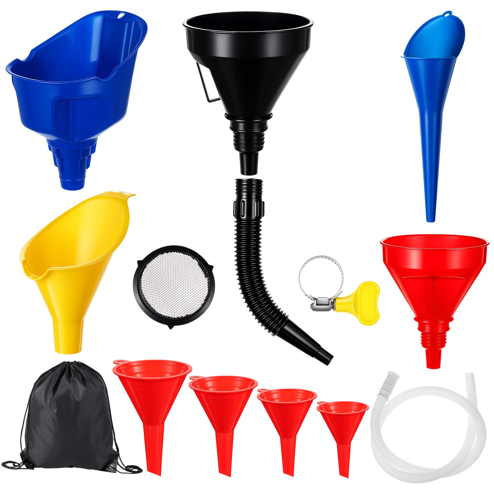 Maxdot Set di 11 imbuto per olio con borsa portaoggetti, imbuto flessibile in plastica a bocca larga per carburante con tubo lungo e filtro a collo lungo, salva-fuoriuscite, per uso automobilistico e