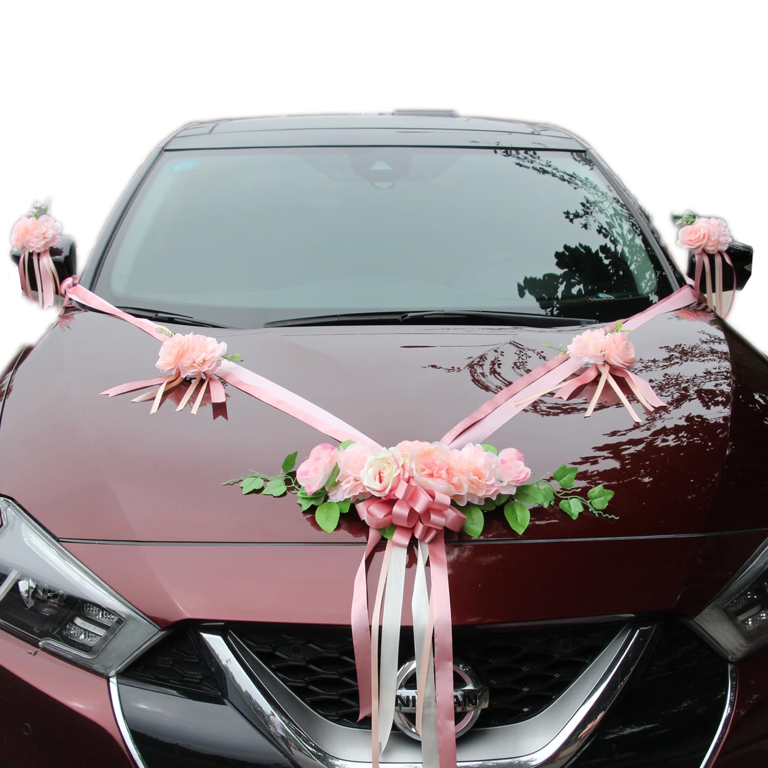 Premium Autoschmuck Hochzeit Motorhaube, Auto Schmuck Braut Paar Rose Blumen Deko, Auto Wedding Deko Girlande,Rosa Rosendekoration, Hochzeitsauto Dekorationsset mit Extrastarken Saugnäpfen und Band