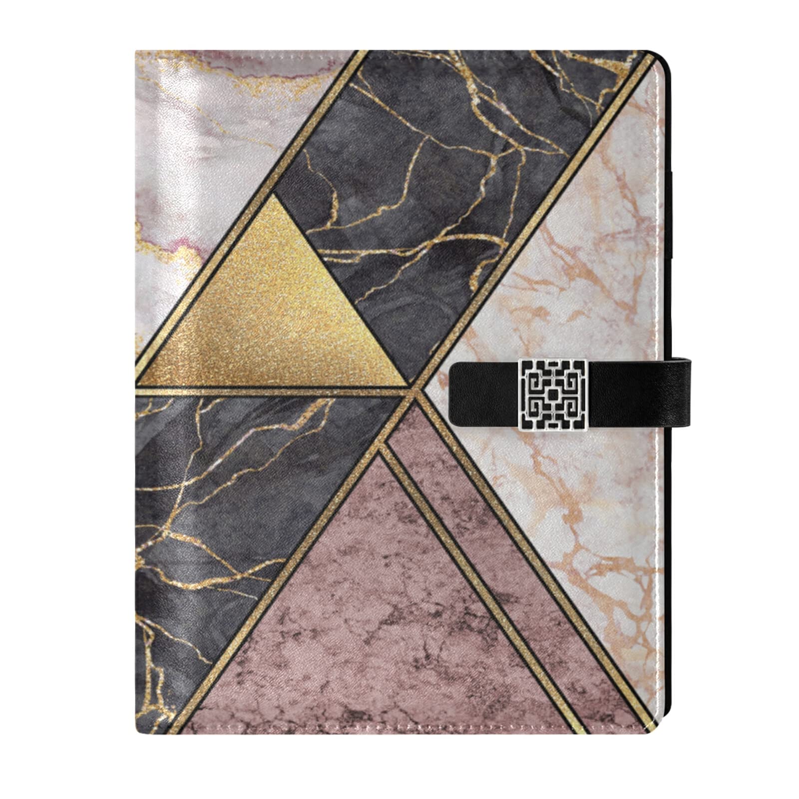 Marble Granite Agate Purple Pink Gold Black Paint Triangle Tiles Refillable Journal Writing Notebook, PU Leather Hardcover Diary Note Book, Planner A5 Ruled Notepad for Agenda with Pen Holder