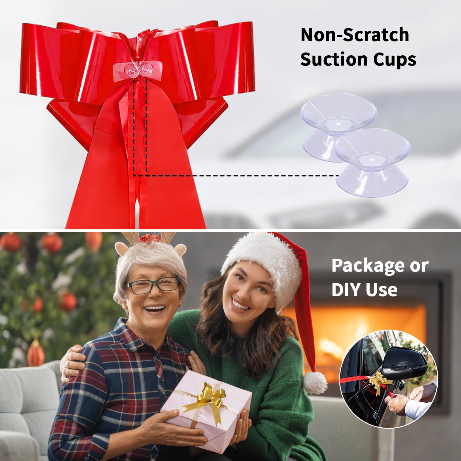 GIBOHOM Grands Noeud Cadeau de Voiture, Gros Noeud Cadeau 76 cm, Grand Nœud Rouge Auto-assemblable Réutilisable pour Voiture, Vélo, Noël, Mariage, avec Ventouse et 4 Petits Noeuds (Happy Birthday)