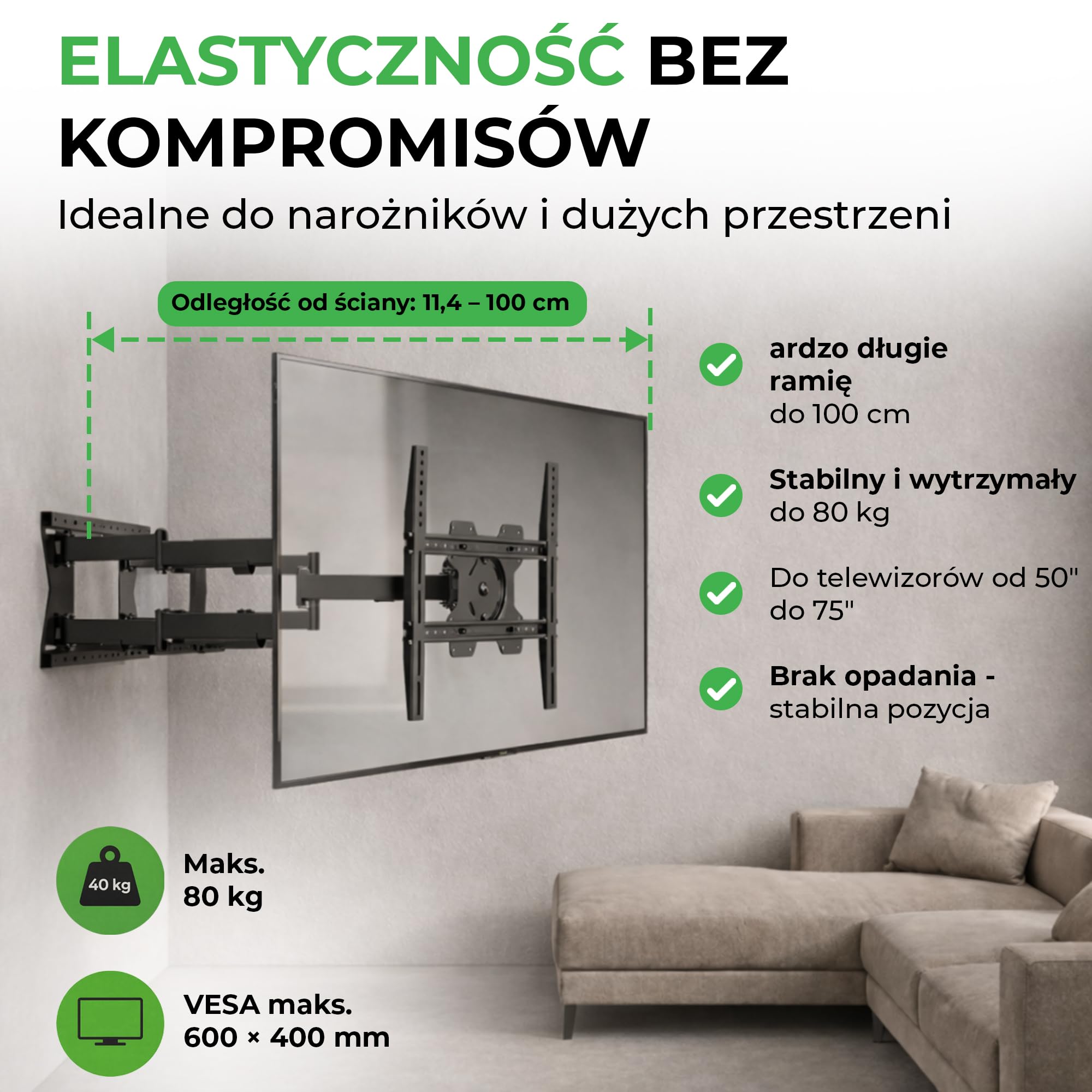 TiTon Double 100 cm Uchwyt ścienny do telewizora, obrotowy, uchylny 80kg, VESA max.600 czarny