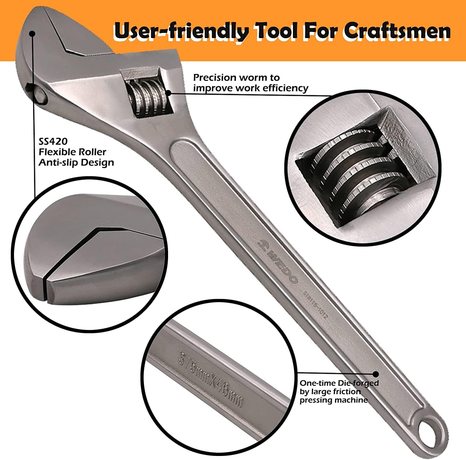 WEDO Set di 3 chiavi inglesi in acciaio inox, chiave regolabile, anticorrosione, standard DIN, resistenti alla ruggine, durevoli (lunghezza 100 mm, 150 mm, 200 mm)