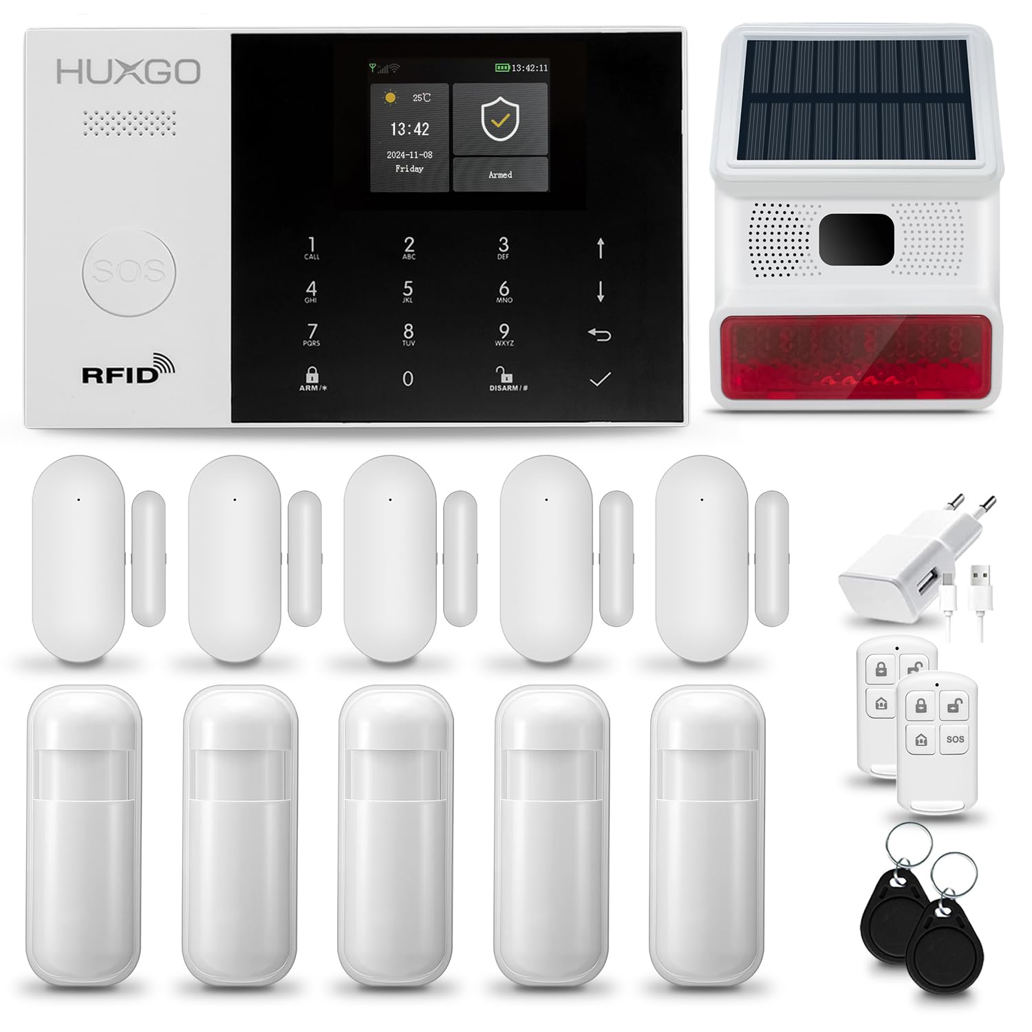 HXA005 Alarme Maison avec Sirène Solaire sans Fil, WiFi + GSM 4G | Kit d'alarme Maison Domestique avec x détecteurs de Mouvement, 5X capteurs de Portes et fenêtres | TUYA App Intelligent