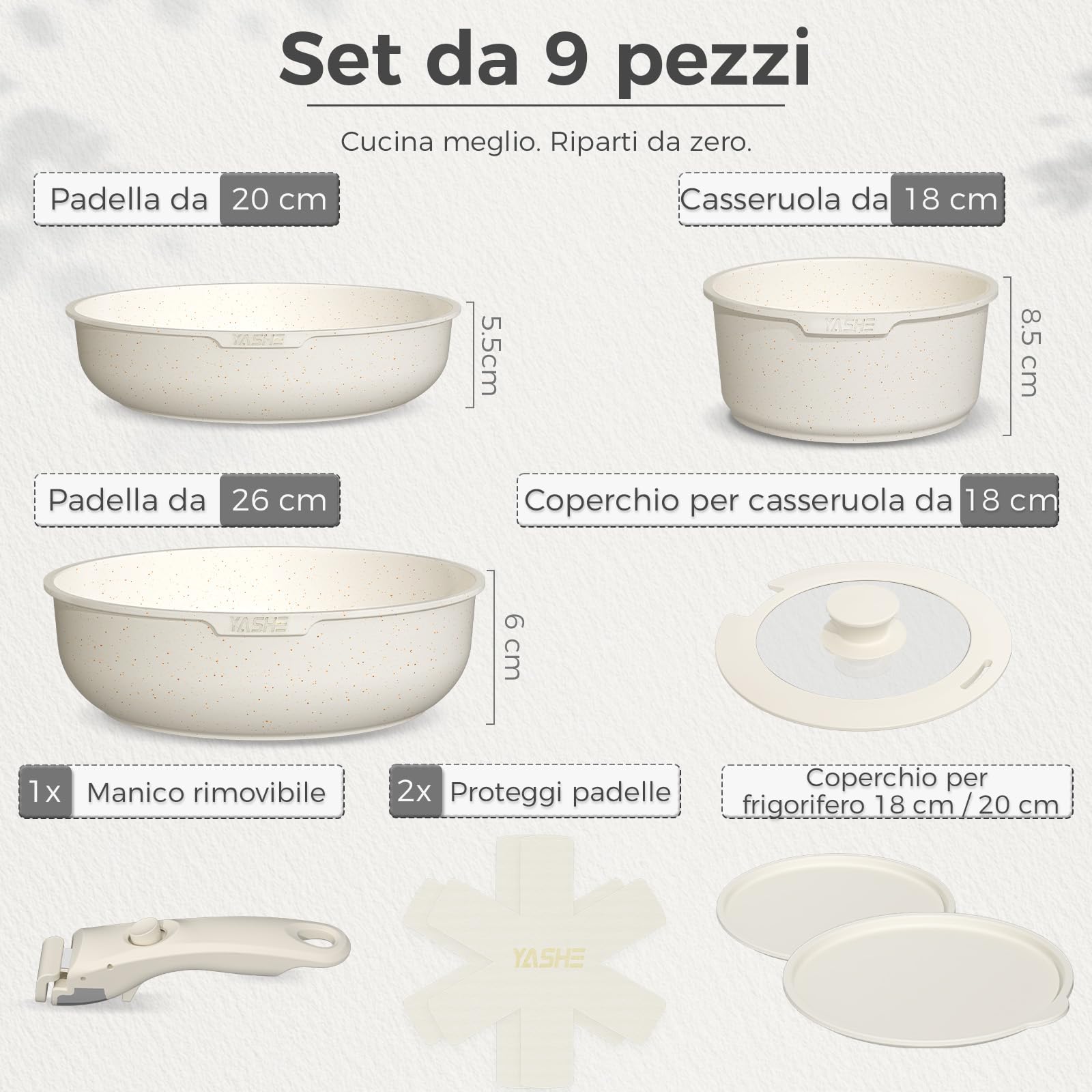YASHE Batteria Pentole 9 Pezzi, Set Pentole Antiaderente con Manici Amovibili e Coperchi, Pentole Impilabili Salvaspazio, Compatibile con Induzione e Tutti i Piani Cottura, Lavabile in Lavastoviglie,