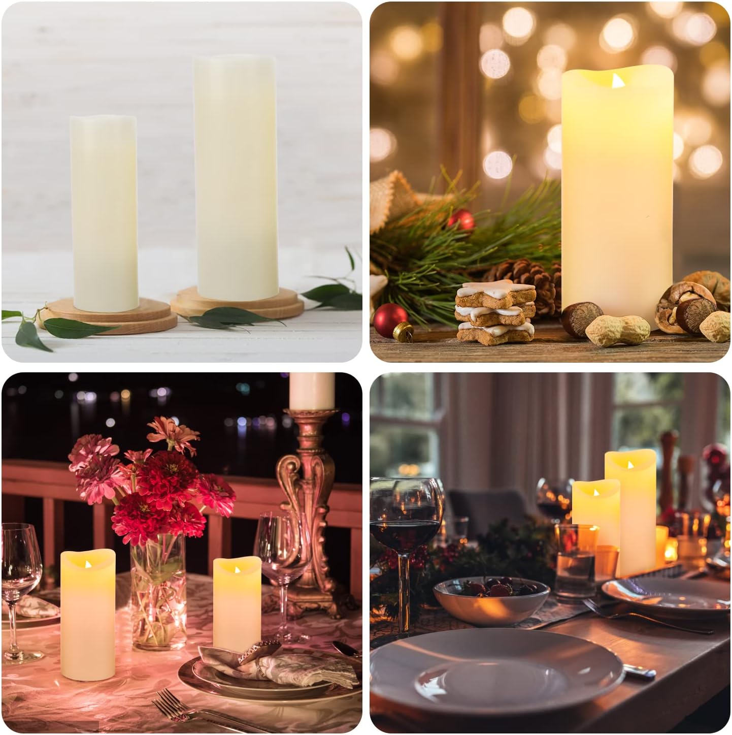 A collage of four images showing flameless LED candles in various decorative settings, including a festive holiday display, a romantic dinner table, and a cozy indoor scene.