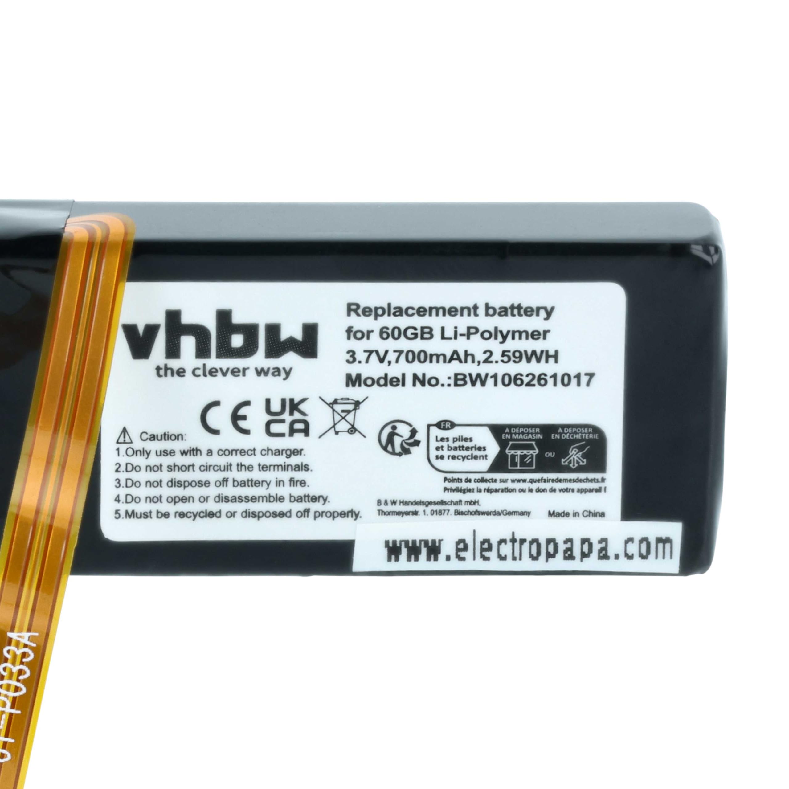 vhbw Bateria kompatybilna z Apple Ipod Classic 160 GB, 120 GB odtwarzacz MP3 (700 mAh, 3,7 V, litowo-polimerowy)