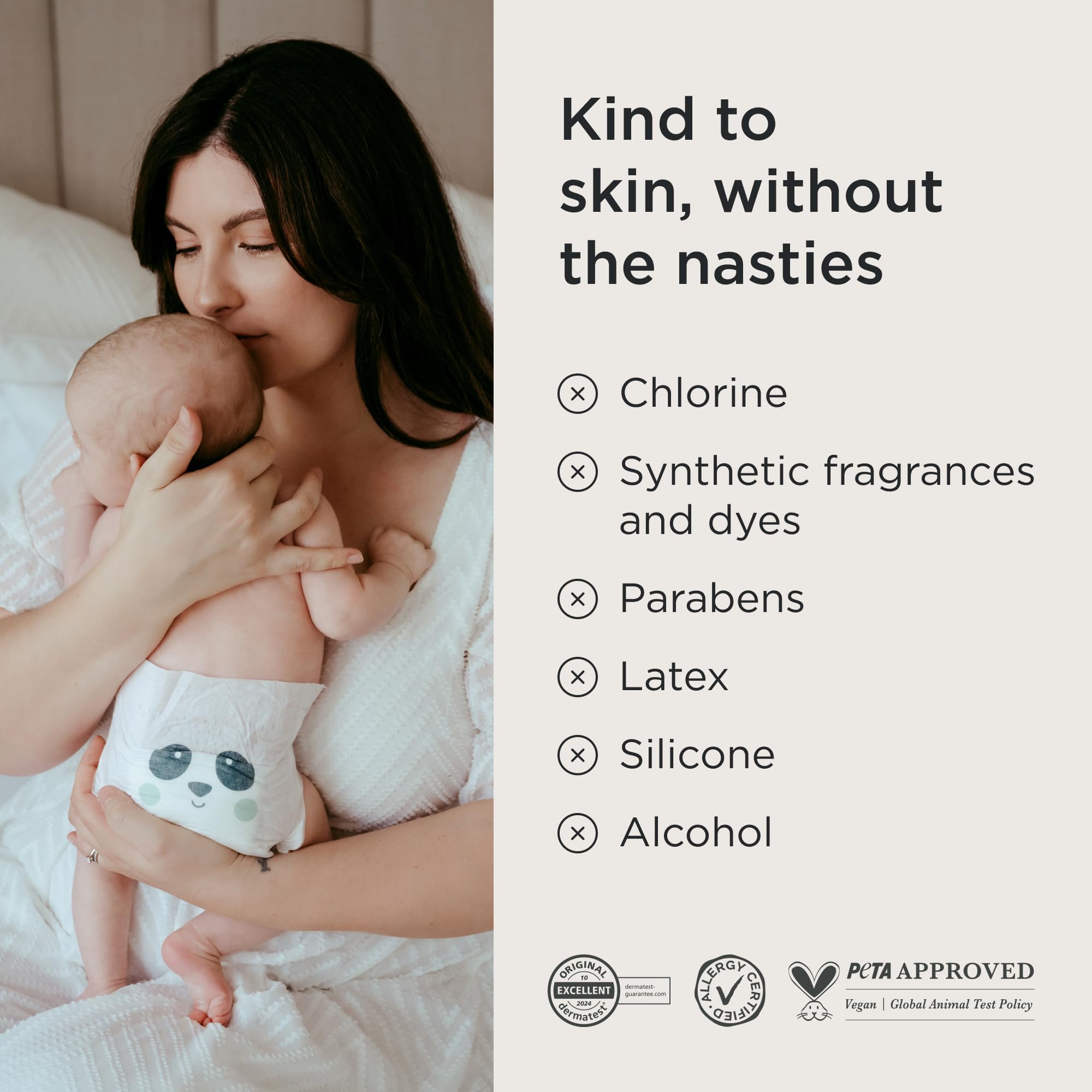 Kit & Kin Ekologiczne i zrównoważone pieluchy dla niemowląt klasy premium, hipoalergiczne, z warstwą o wysokiej wydajności, wegańskie i wolne od chloru, doskonała ochrona przed wyciekiem, rozmiar