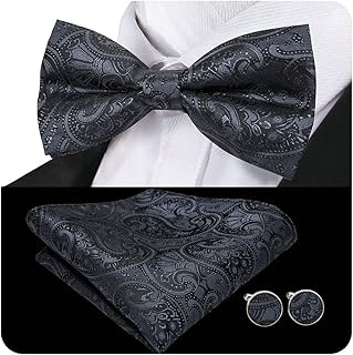 Barry.Wang Bowtie Silk Tie Mens Pre-Tied Bow Ties Pocket Square Cufflinks Set Wedding Necktie Formal