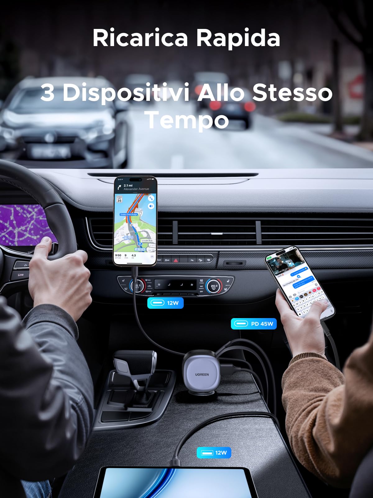UGREEN 75W Retrattile Caricatore Auto, Caricabatteria Accendisigari USB C Ricarica Rapida PD 3.0 QC 3.0, Compatibile con iPhone 17 Pro Max Air/16/15, Samsung Galaxy S25/24, Pixel10/9, MacBook, iPad