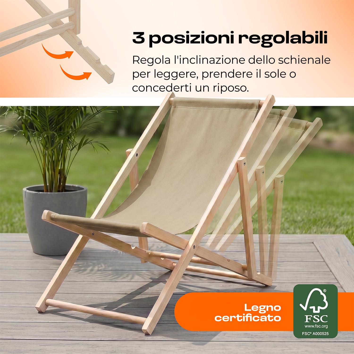 Sdraio da Giardino Pieghevole in Legno di Faggio – Lettino Prendisole da Giardino Reclinabile 3 Posizioni, Sedia Sdraio da Esterno fino a 120 kg, Sdraio da Balcone e Spiaggia, Beige