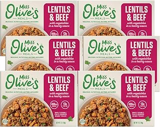Miss Olive’s Lentil & Beef with Vegetables Ready Meal, Lower Sodium Shelf Stable Heat & Eat Entrée in Hearty Sauce, 7 oz (Pack of 6)