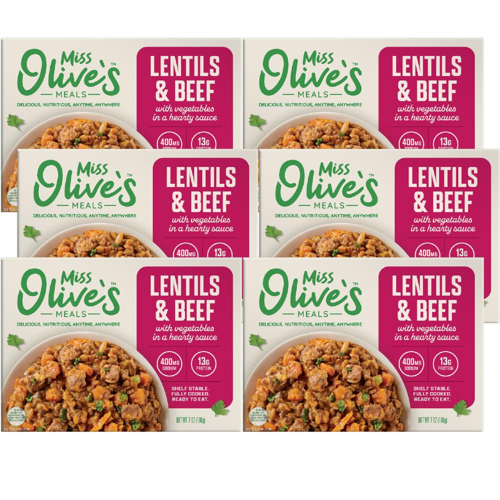 Miss Olive’s Lentil & Beef with Vegetables Ready Meal, Lower Sodium Shelf Stable Heat & Eat Entrée in Hearty Sauce, 7 oz (Pack of 6)
