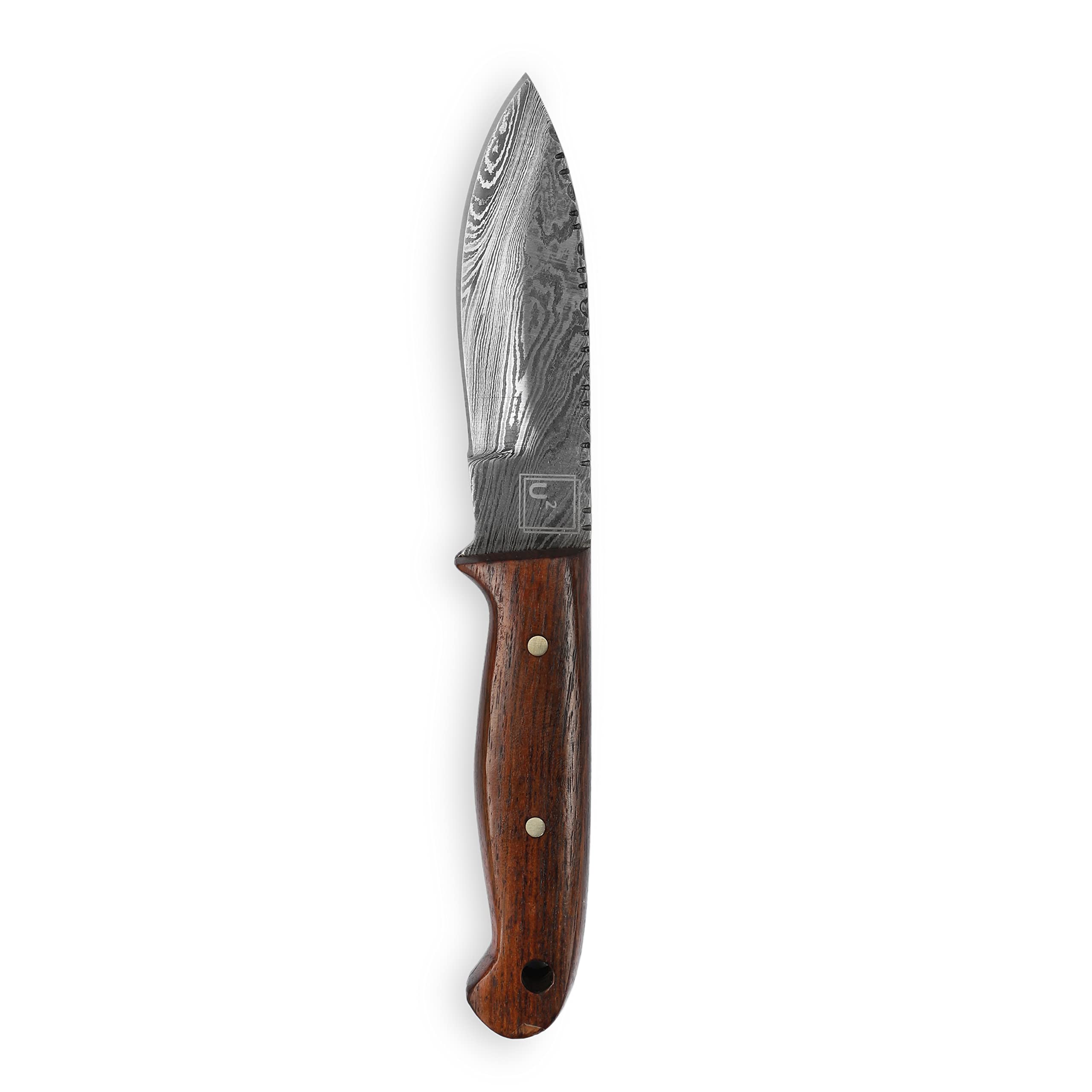 USQUARE UE-022, 20,32 cm nóż myśliwski ze stali damasceńskiej z pochwą, nóż ze stałym ostrzem, nóż Bushcraft, uchwyt z drewna orzecha włoskiego, Full Tang, zaprojektowany na polowanie i kemping