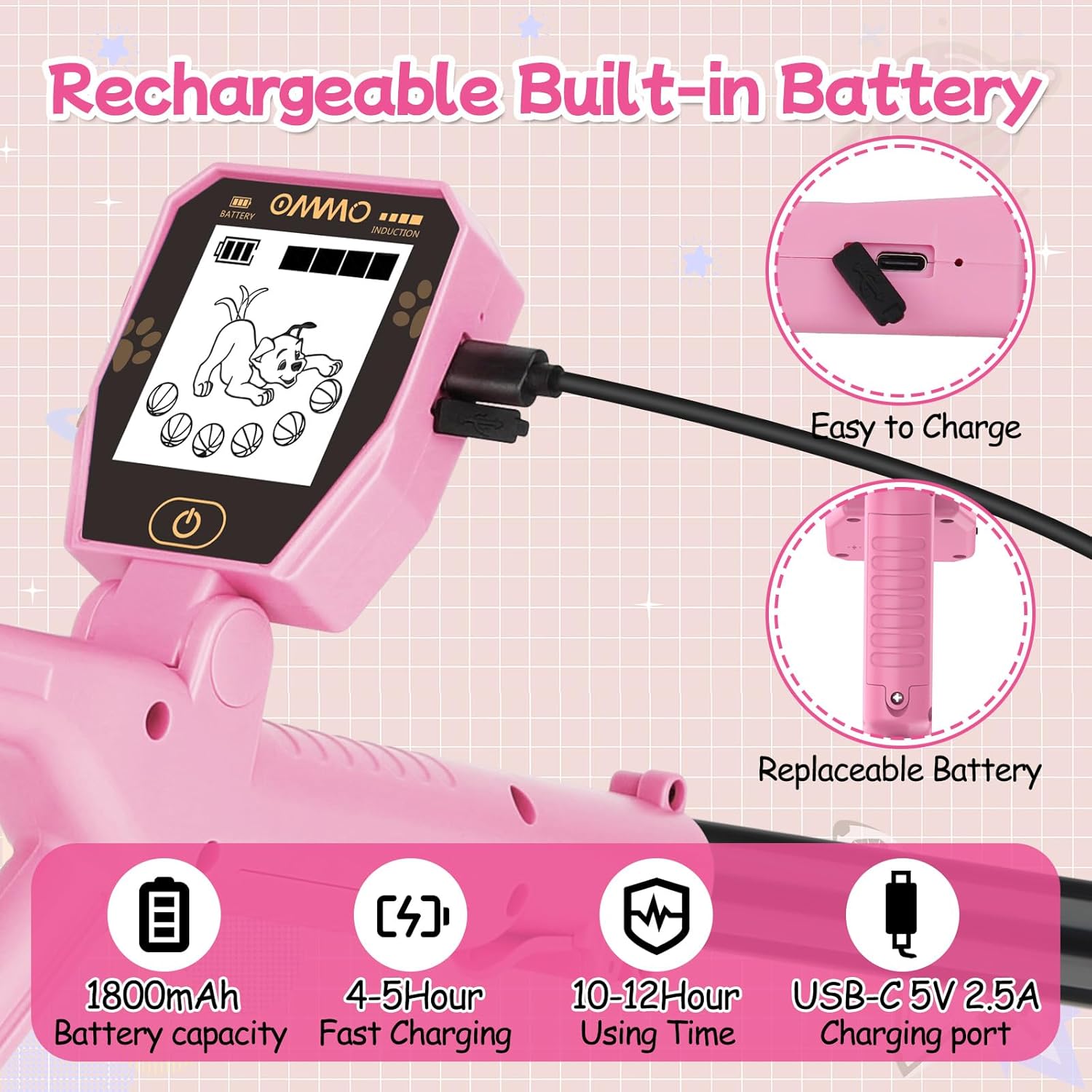 OMMO Metal Detector, Rechargeable Built-in Battery Kids Metal Detector with Funny LCD Display, Adjustable Metal Detectors for Kids with IP67 Waterproof 6.5” Search Coil for Exploring Outdoor