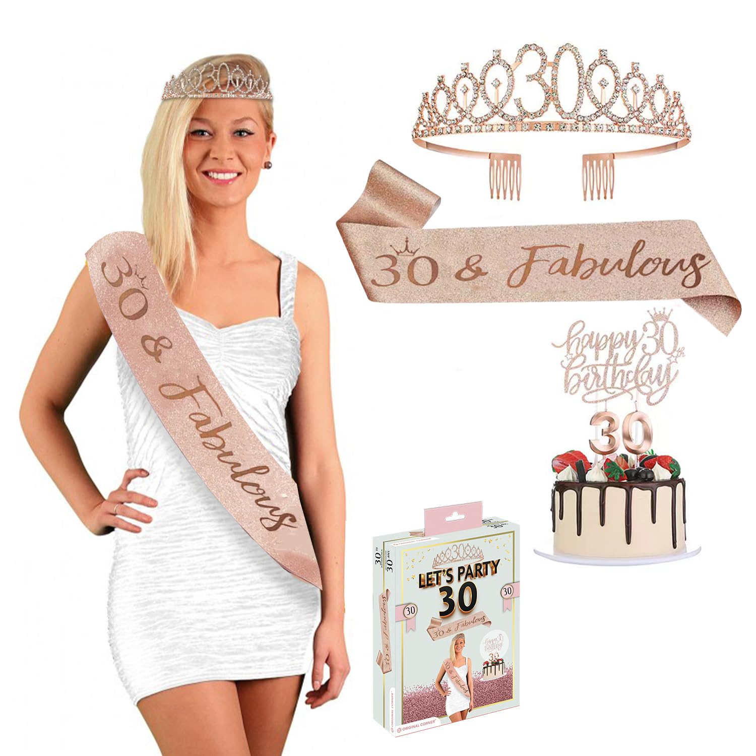 Bday® 30 Year Old Woman Birthday Kit | Miss Scarf Rose Gold | Crown Tiara with Rhinestone | Candles Number 30 | Girl Party Accessory | Cake Topper | Photobooth | Gift | OriginalCorner®