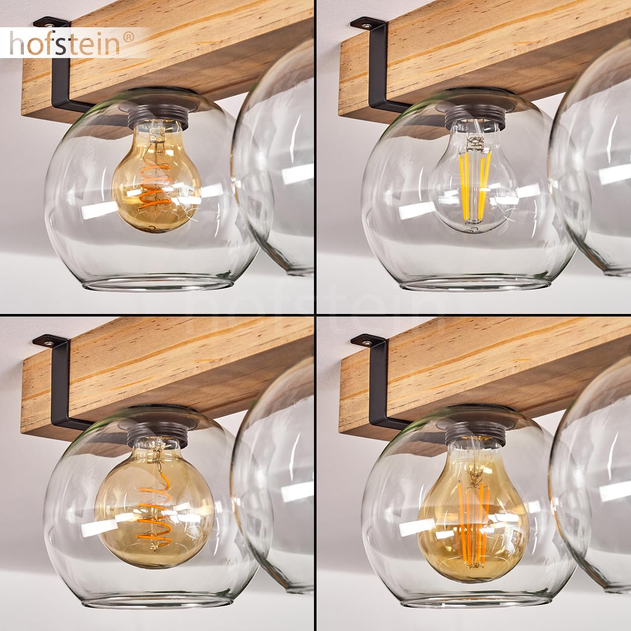 HOFSTEIN Montgomery - Lampada da soffitto in legno/metallo/vetro naturale/nero/trasparente, moderna lampada in stile scandinavo/bohémien con travi in legno, 2 x E27, per camera da letto, soggiorno