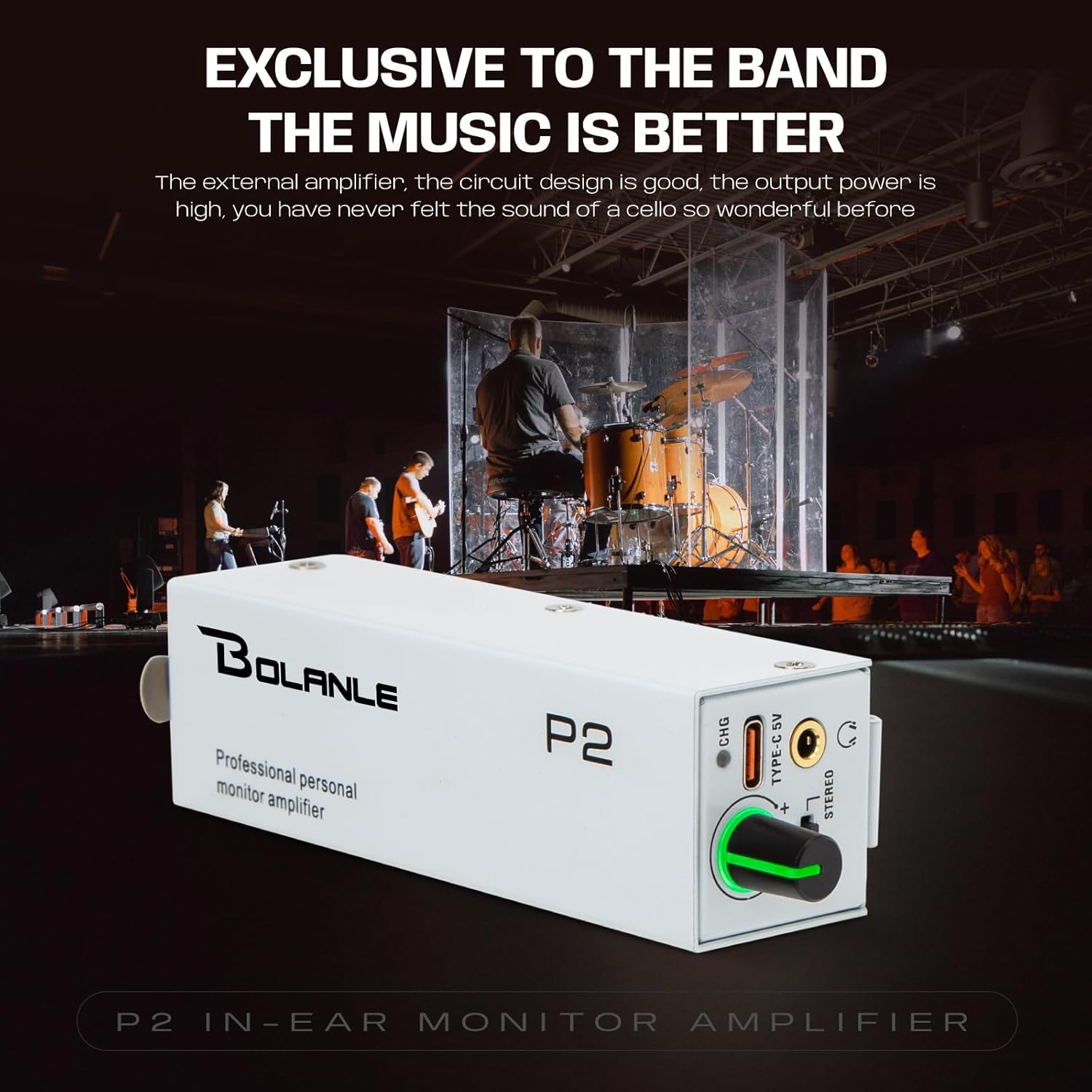 Bolanle P2 USB-C Portable in-Ear Monitor Amplifier, 5V DC/AAA Battery, XLR/TRS Input 3.5mm Output, 7-Color LED, Stereo/Mono Switch for Keyboardists, Drummers, Live Stage