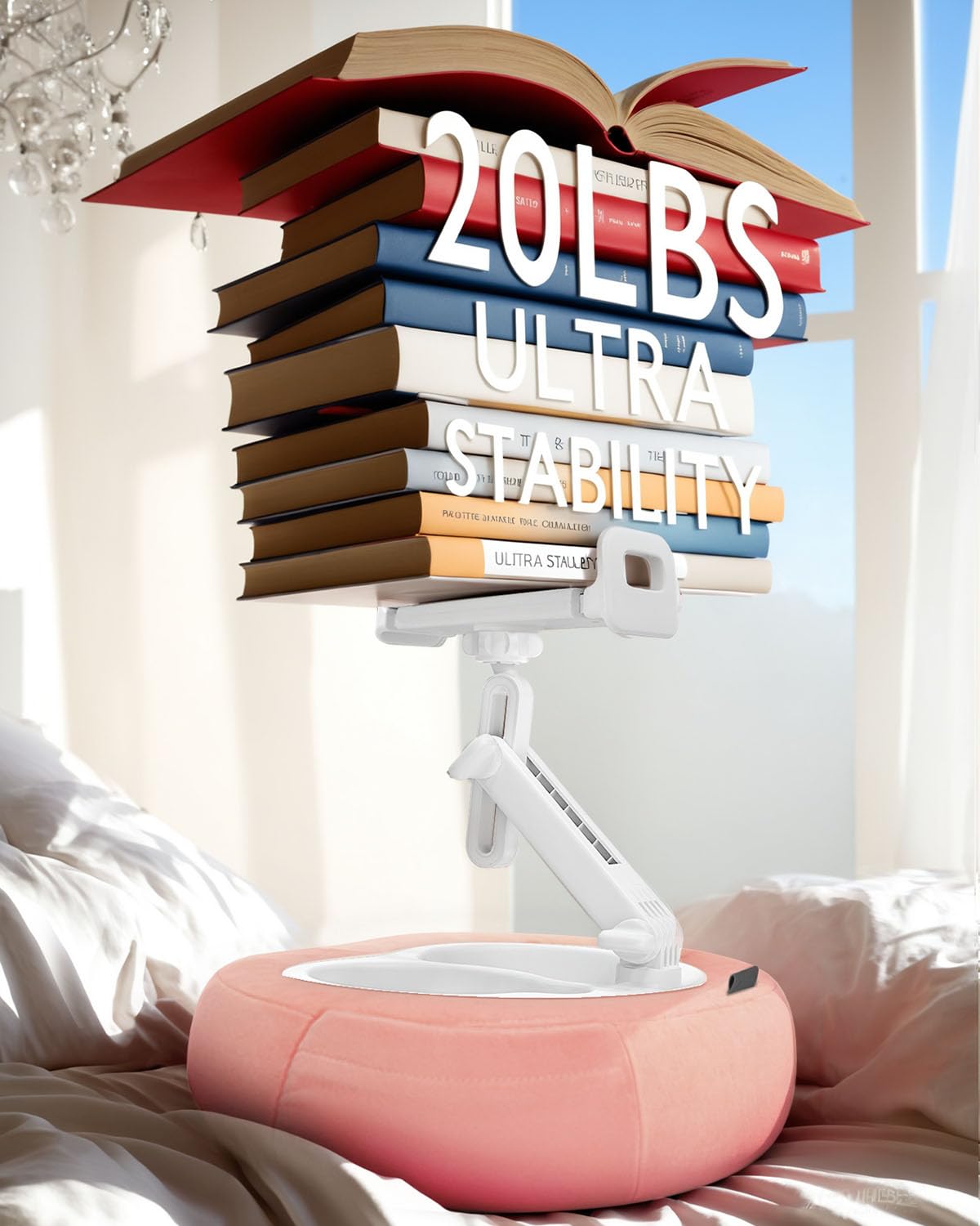 Miledi Support Tablette avec Coussin, Support Kindle, Coussin Support Rotatif à 360° Compatible avec Appareils de 5 à 12,9 Pouces, Support Téléphone pour Lecture au Lit, Rose